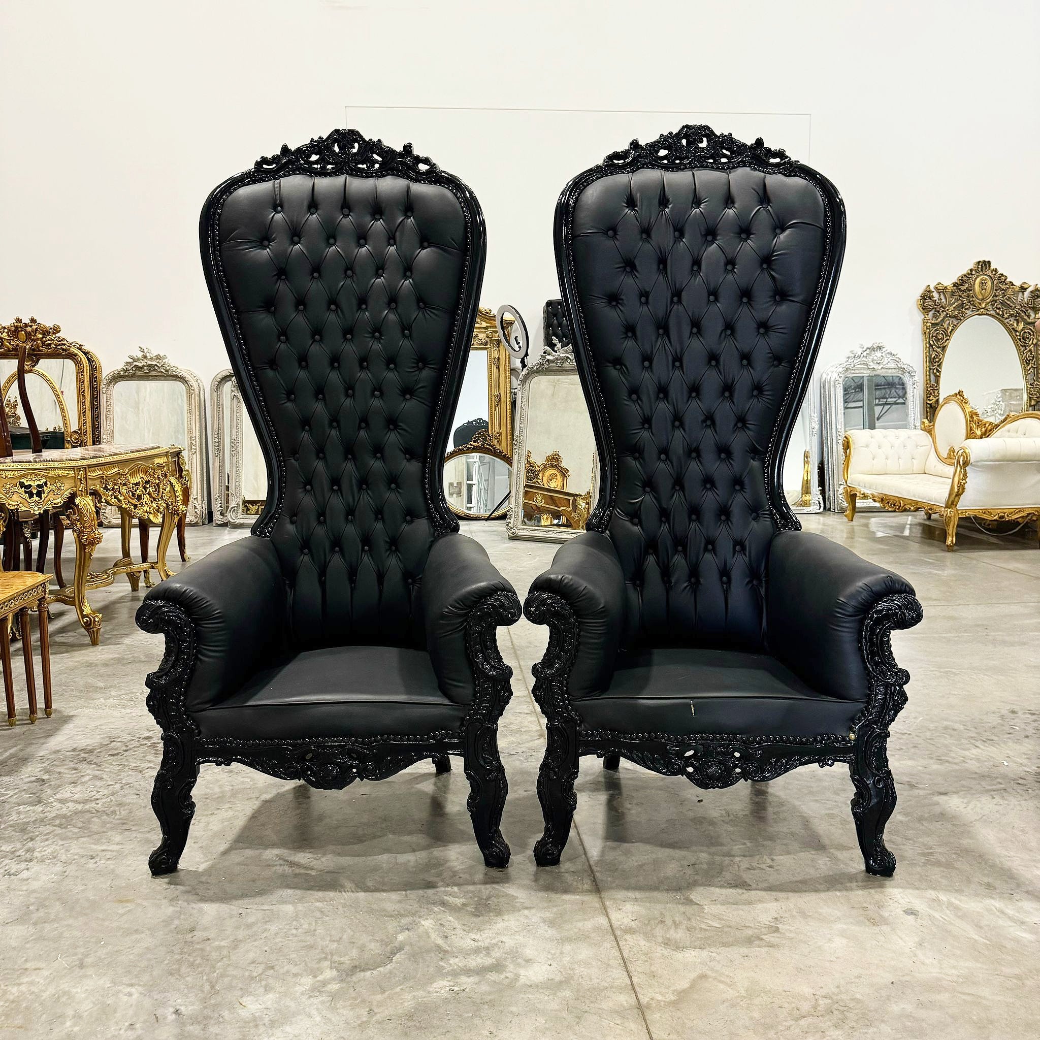 Throne Chair French Style Black Leather High-Back Tufted Black Throne