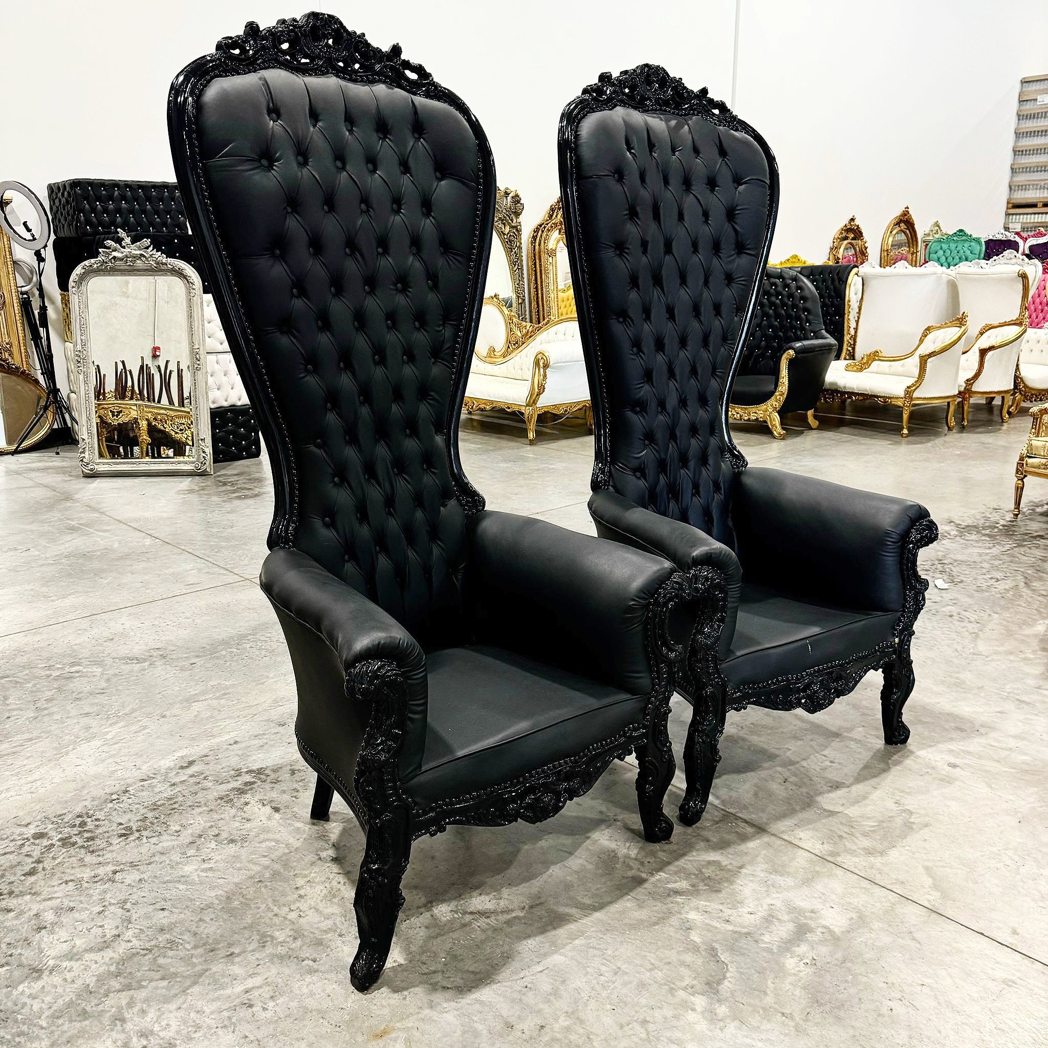 Throne Chair French Style Black Leather High-Back Tufted Black Throne