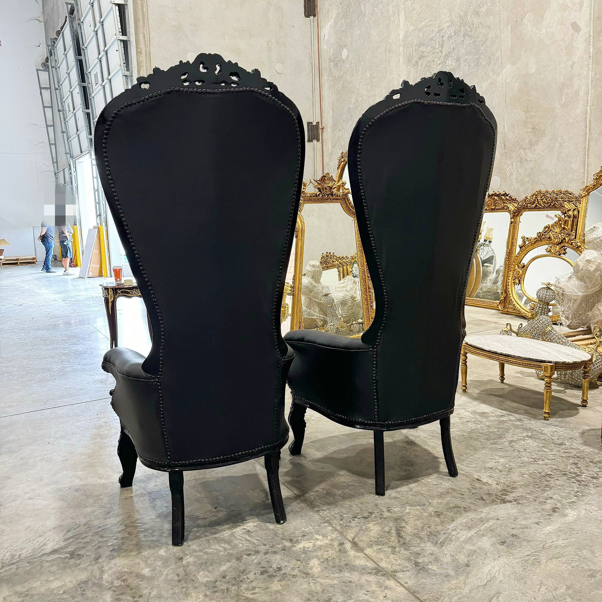 Throne Chair French Style Black Leather High-Back Tufted Black Throne