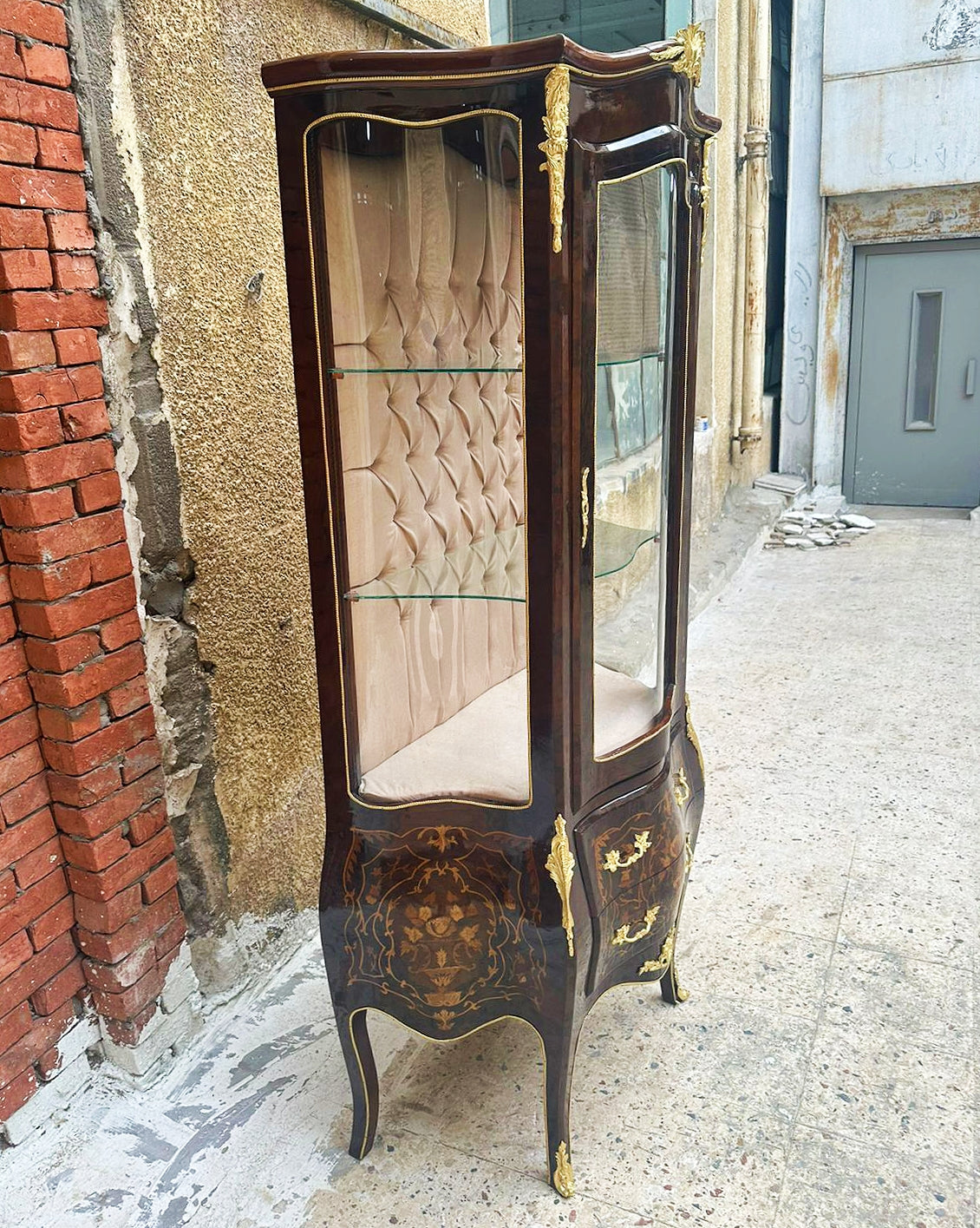 French Rococo Style Brown Glass Cabinet – Louis XV, Inlaid, Bronze Detail