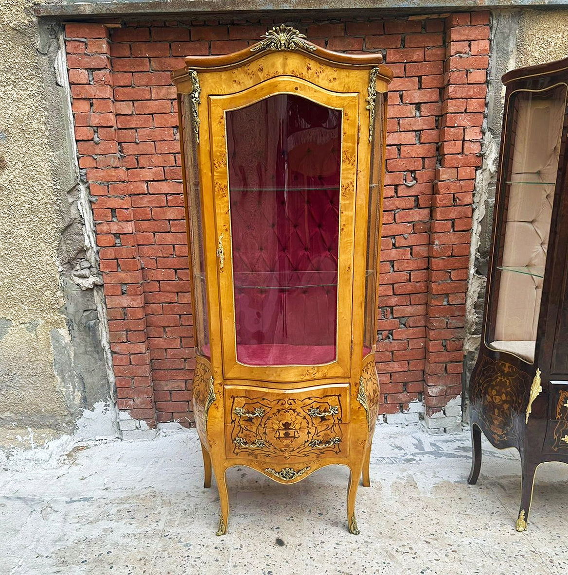 French Style Bombe Glass Cabinet – Louis XV, Inlaid, Bronze Detail