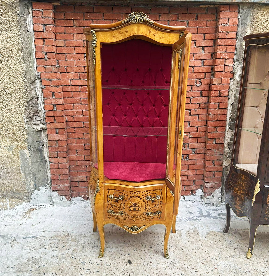 French Style Bombe Glass Cabinet – Louis XV, Inlaid, Bronze Detail