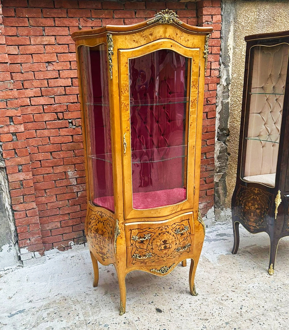 French Style Bombe Glass Cabinet – Louis XV, Inlaid, Bronze Detail