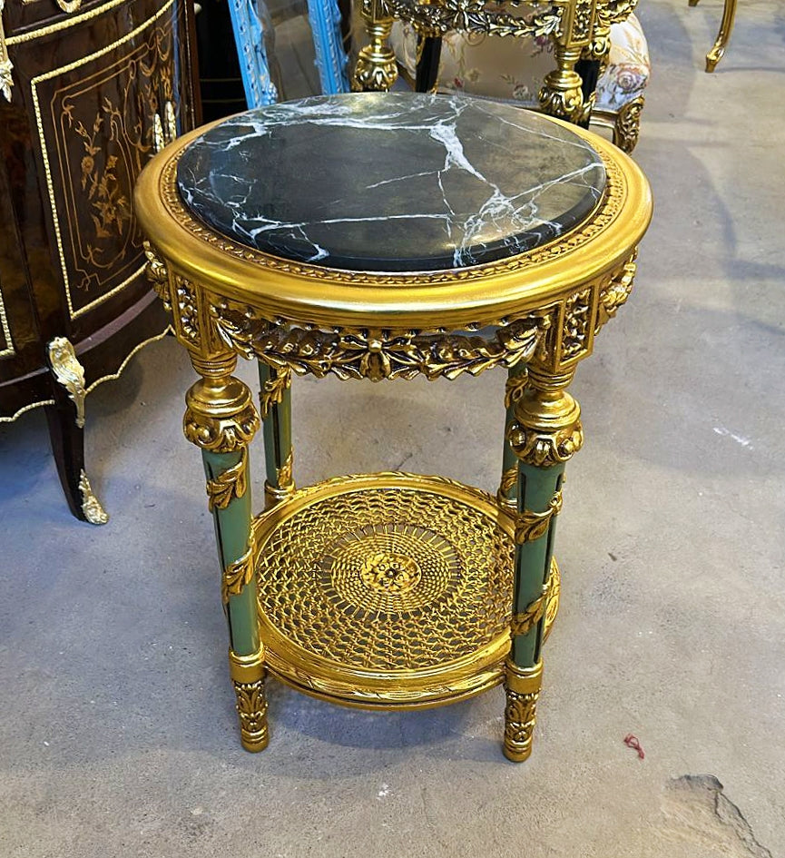Side Table Black Marble Topped French Style Gold Leaf Details Home Decor