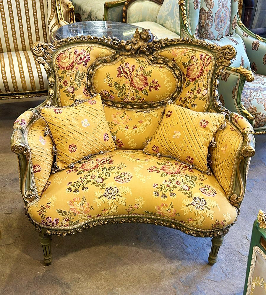 Luxury Yellow Wing Chair – Italian Style with Damask & Gold Leaf Touches