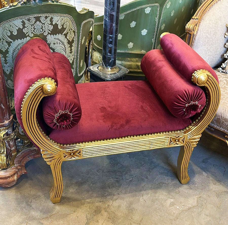 Red Small Bench French Style With Gold Details Rococo Baroque Furniture