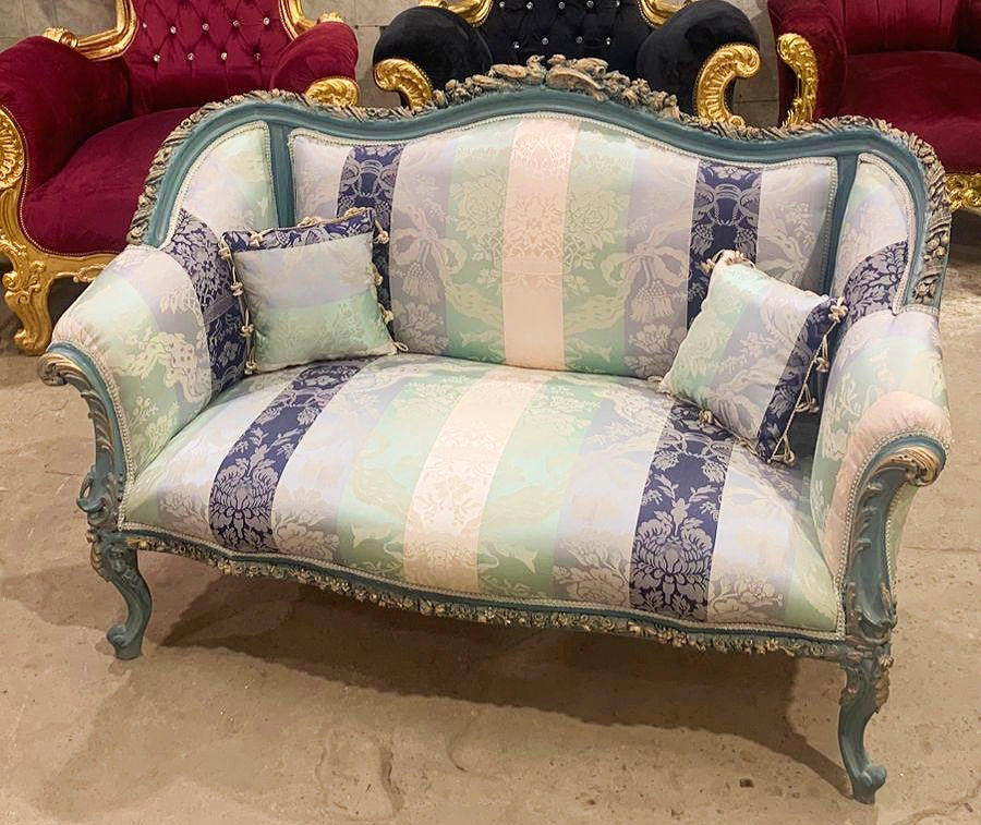 French Rococo Style Blue Sofa Interior Design Gold Leaf Details