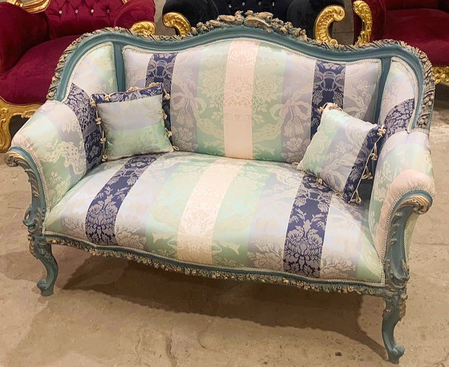 French Rococo Style Blue Sofa Interior Design Gold Leaf Details