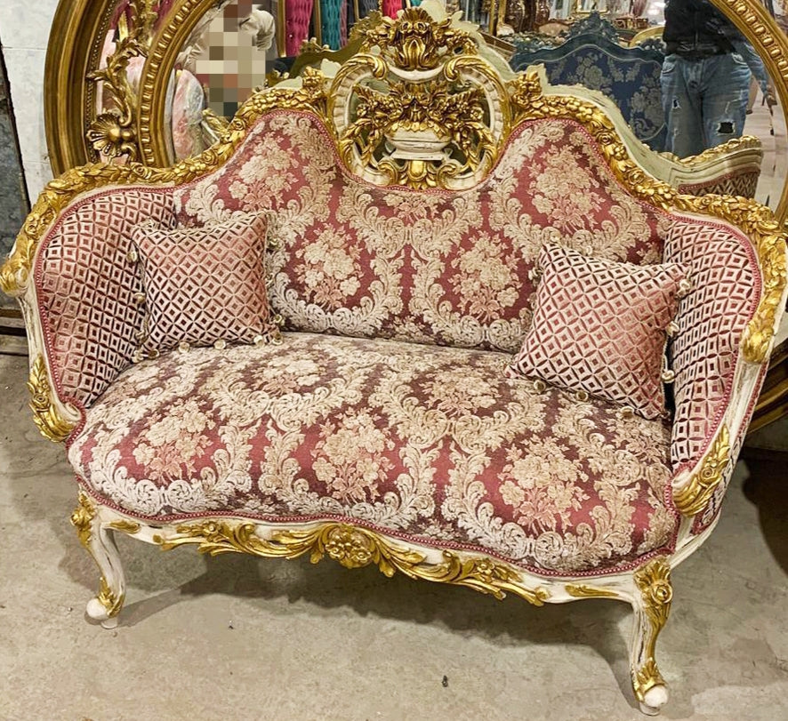 French Style Red Wine Small Settee Gold Leaf Details Bench Furniture Home