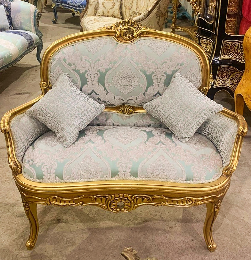 Baroque Style Sky Blue Damask Chair with Gold Details Armchair