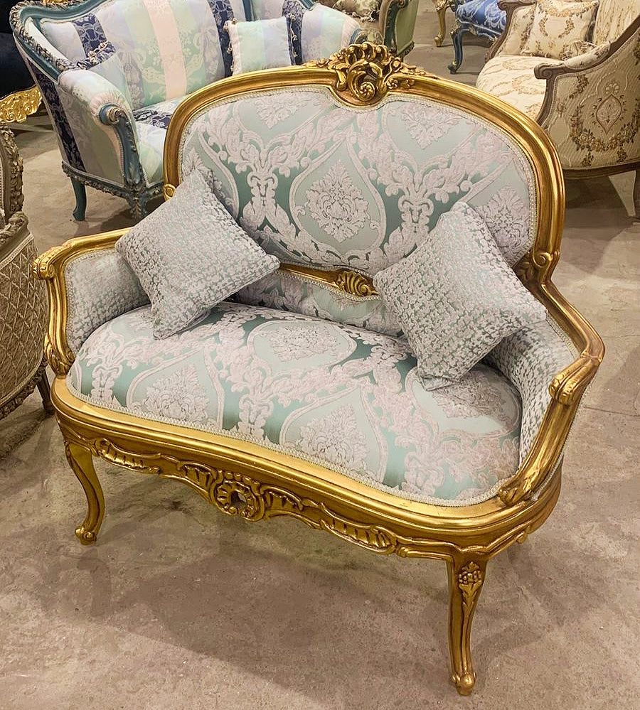 Baroque Style Sky Blue Damask Chair with Gold Details Armchair