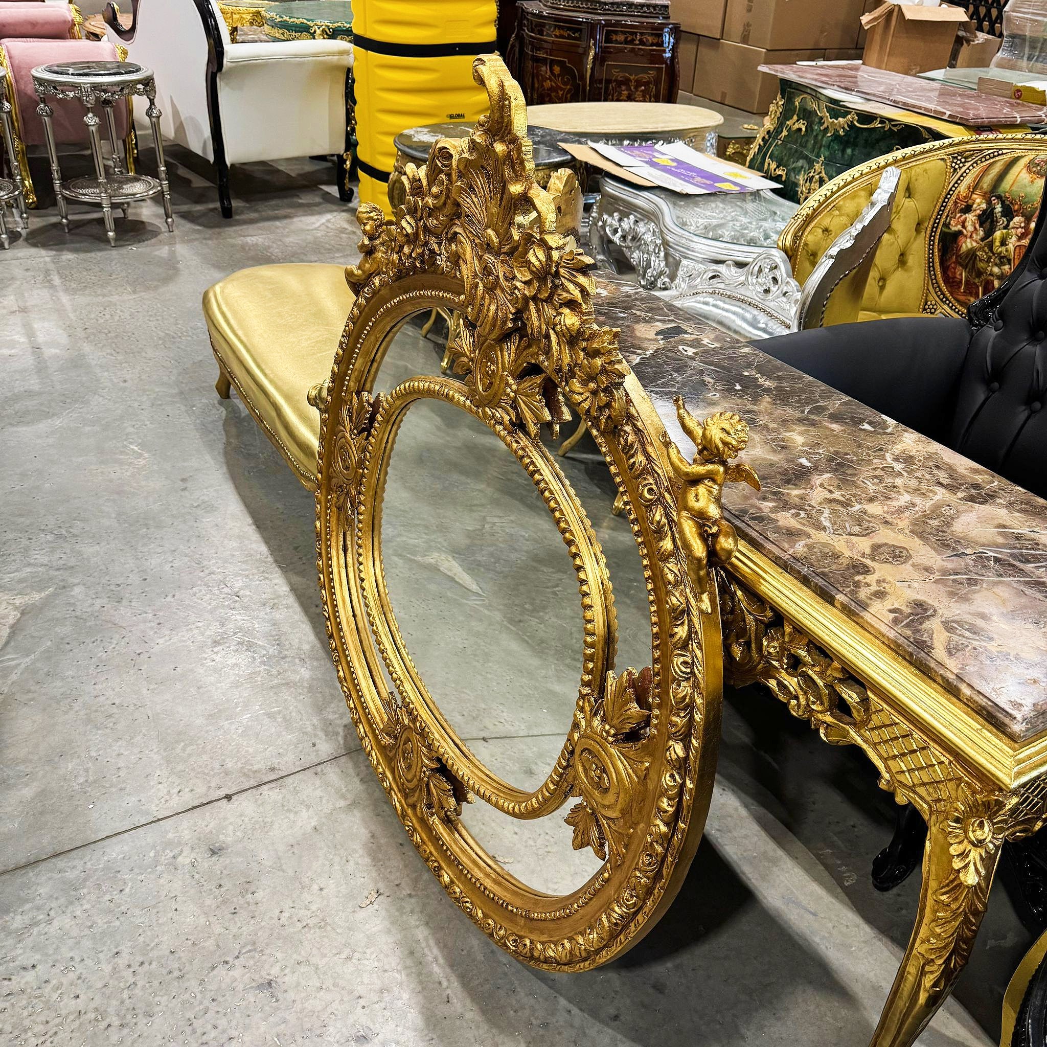 Golden Oval Mirror Wall Mirror French-Italian Style in Gold Leaf