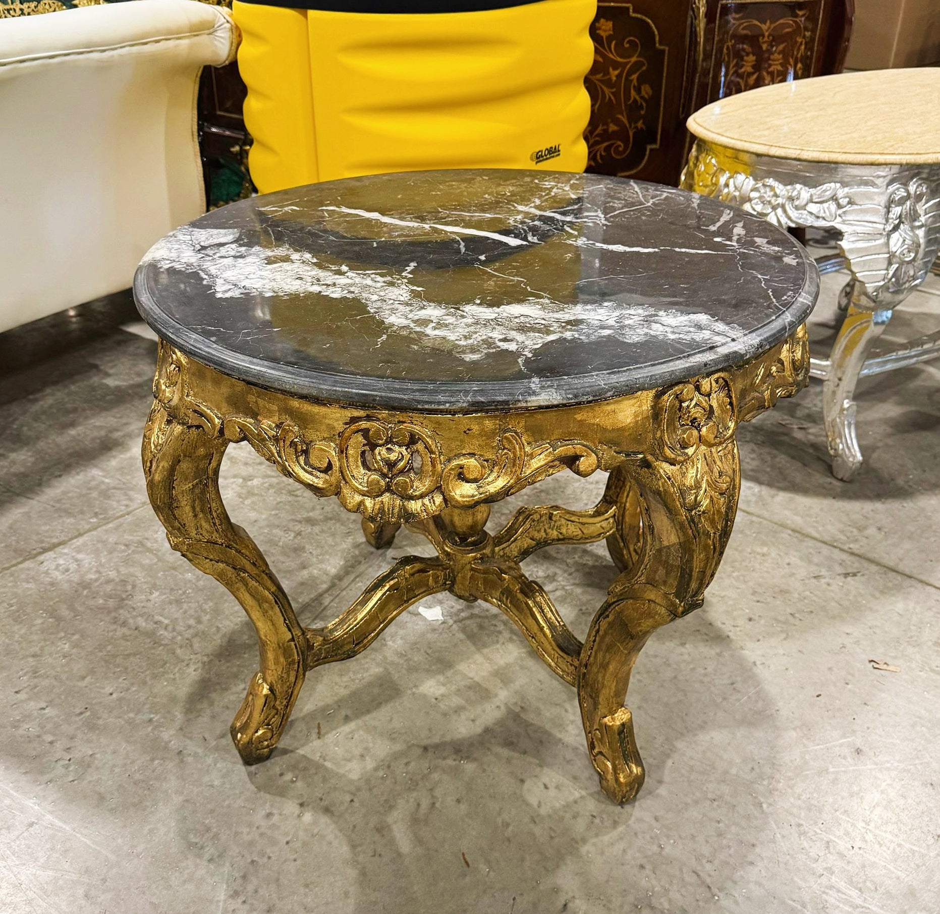 French Rococo Style Coffee Table in Black Marble Top and Golden Base