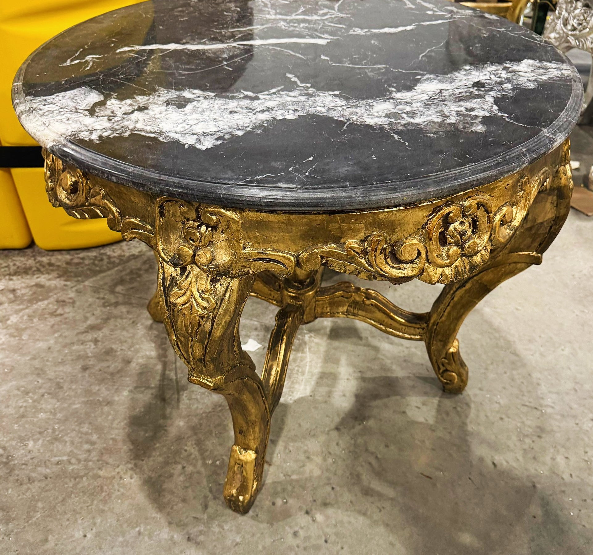 French Rococo Style Coffee Table in Black Marble Top and Golden Base