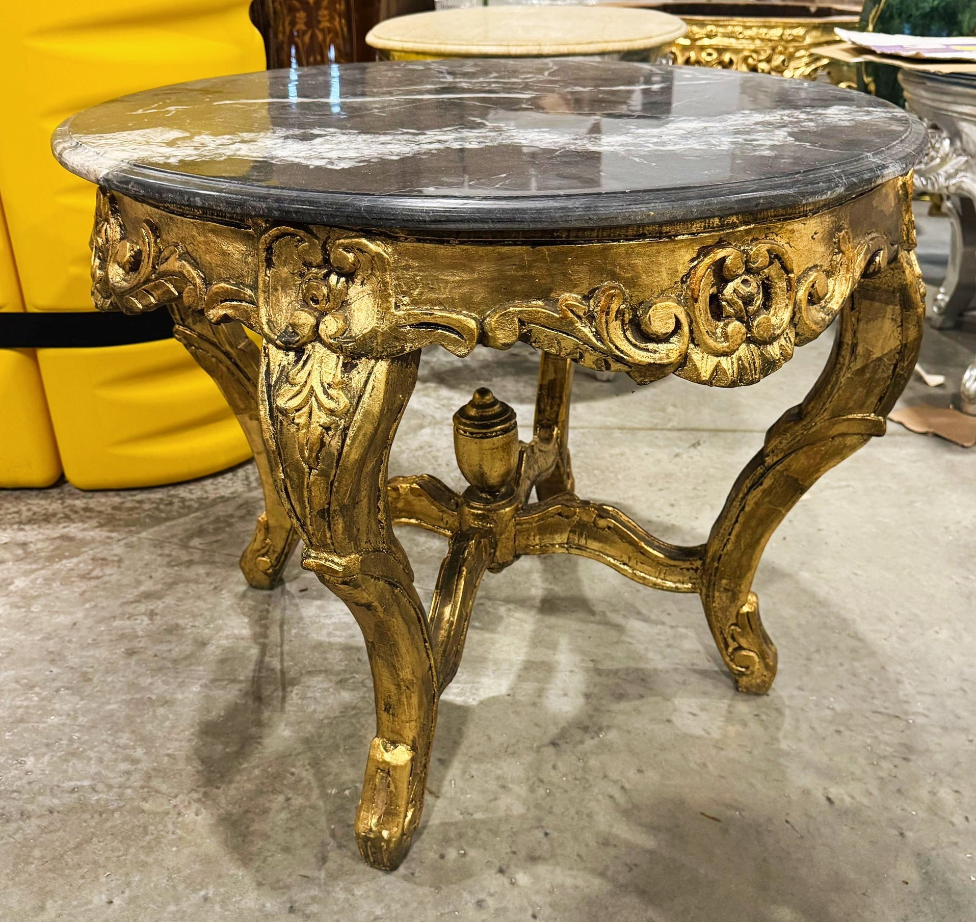 French Rococo Style Coffee Table in Black Marble Top and Golden Base