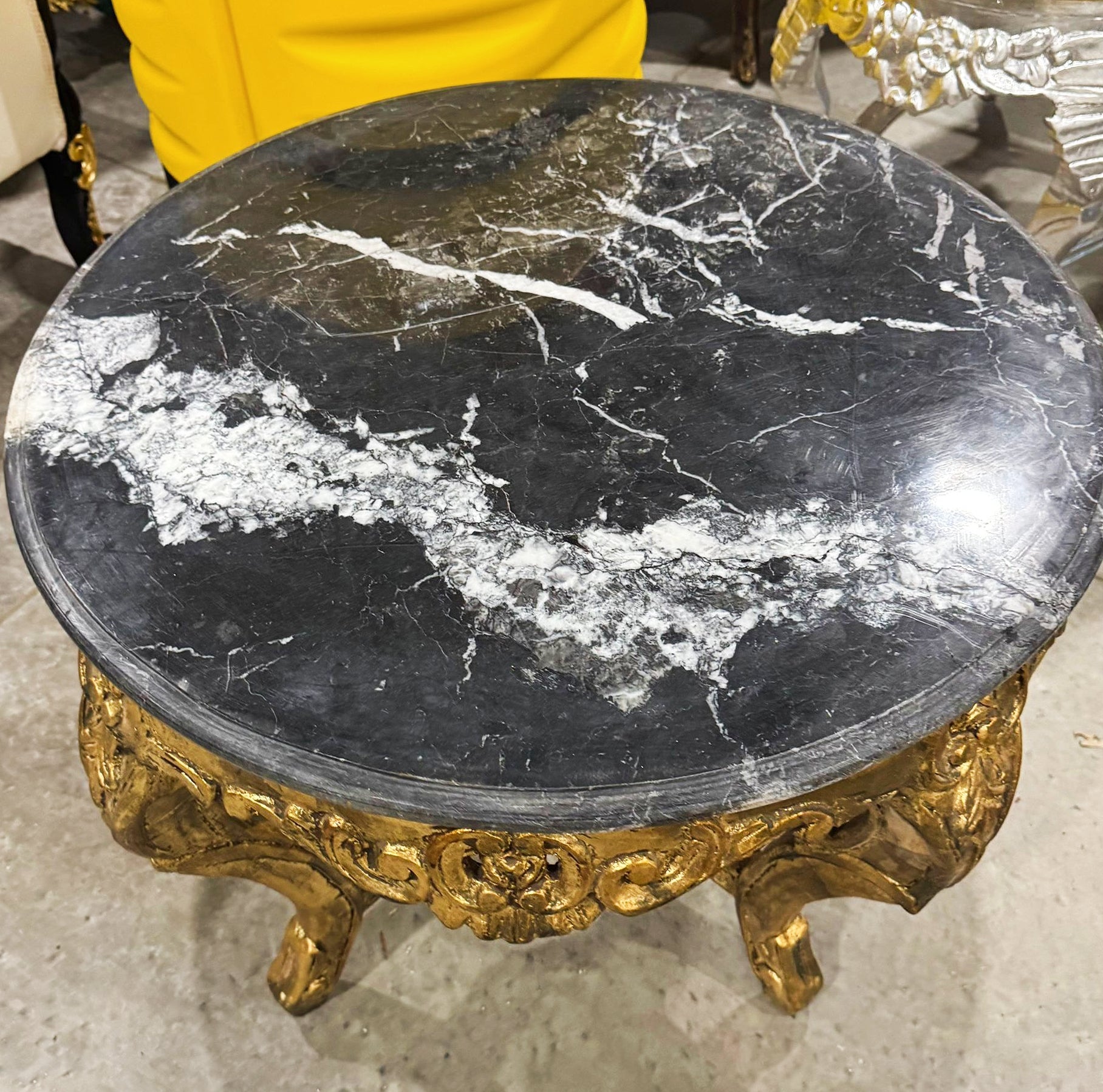 French Rococo Style Coffee Table in Black Marble Top and Golden Base