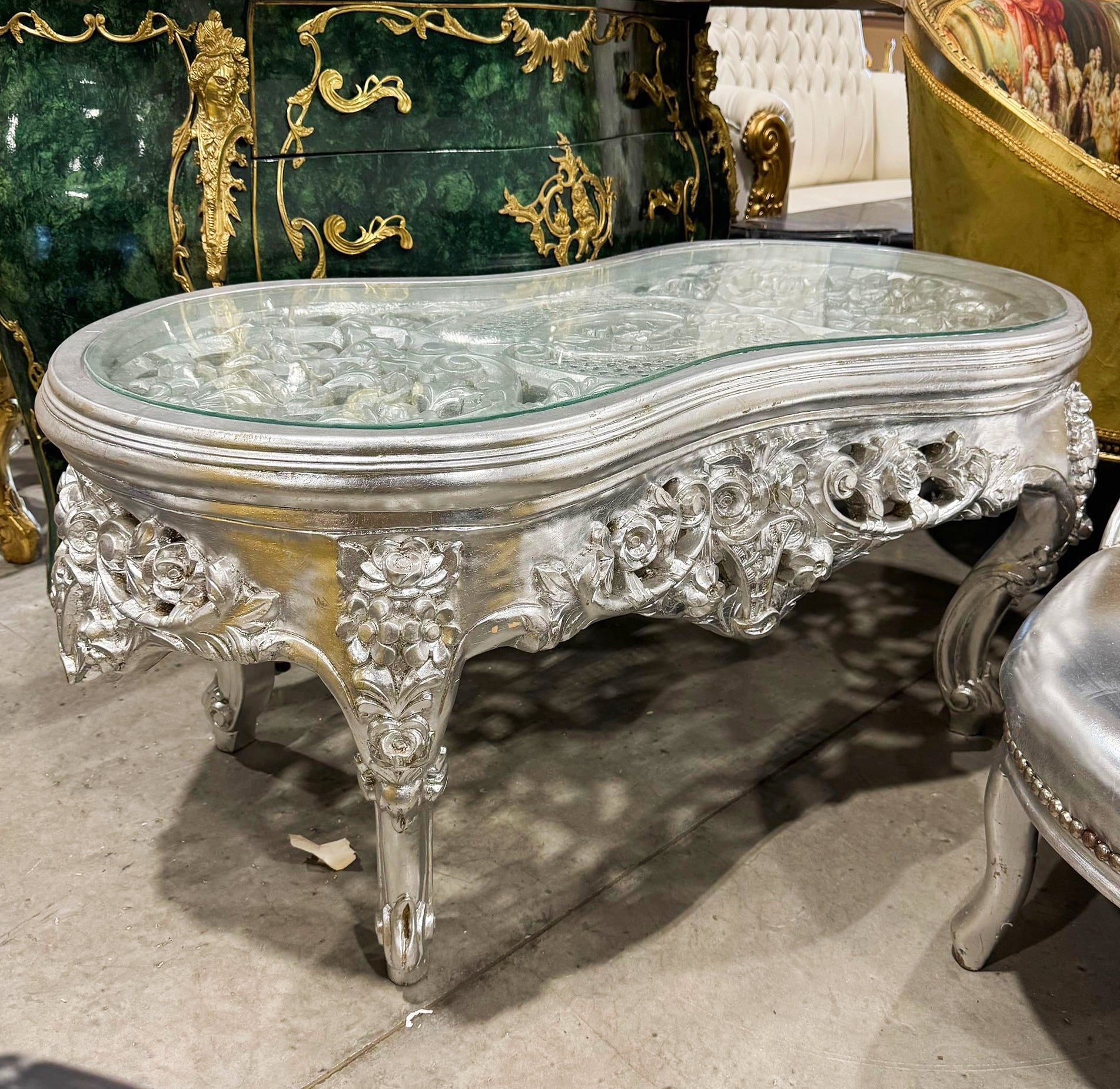 French Style Silver Coffee Table Glass Topped Silver Leaf Details