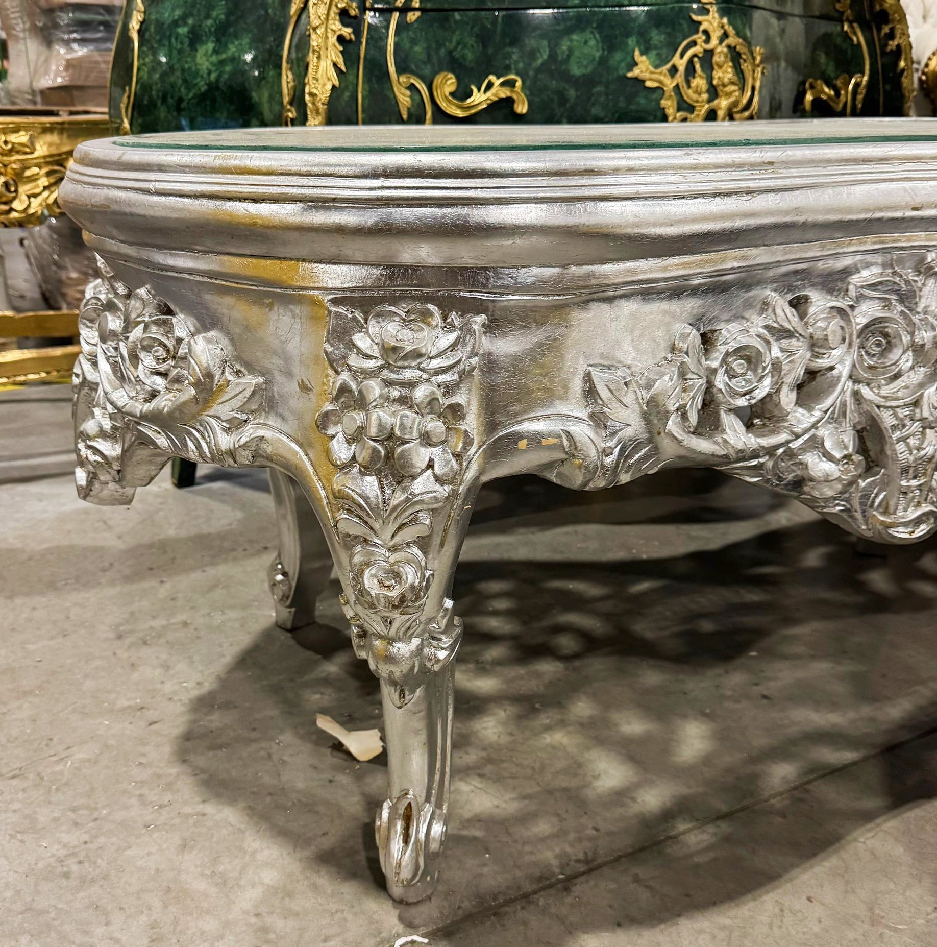 French Style Silver Coffee Table Glass Topped Silver Leaf Details