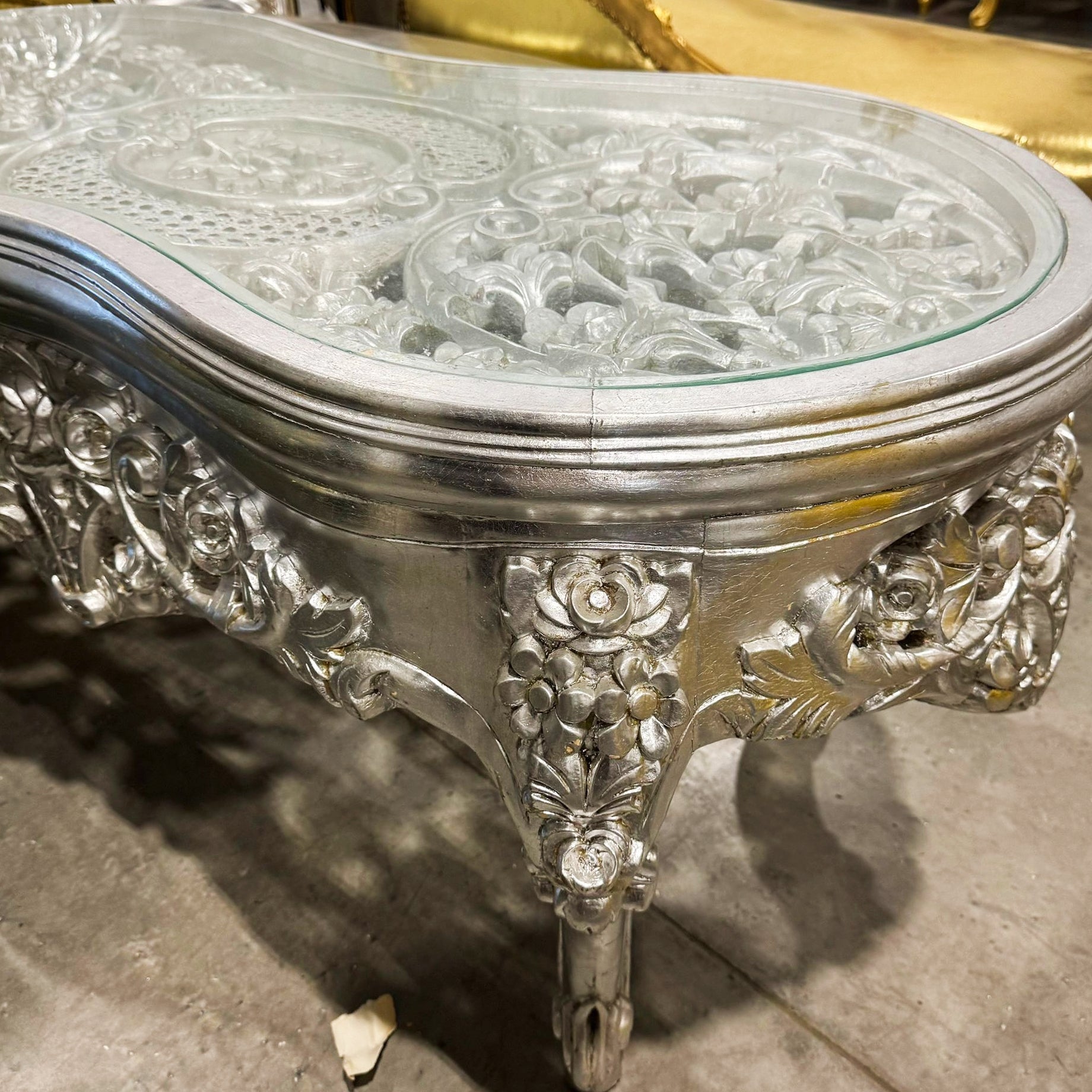 French Style Silver Coffee Table Glass Topped Silver Leaf Details