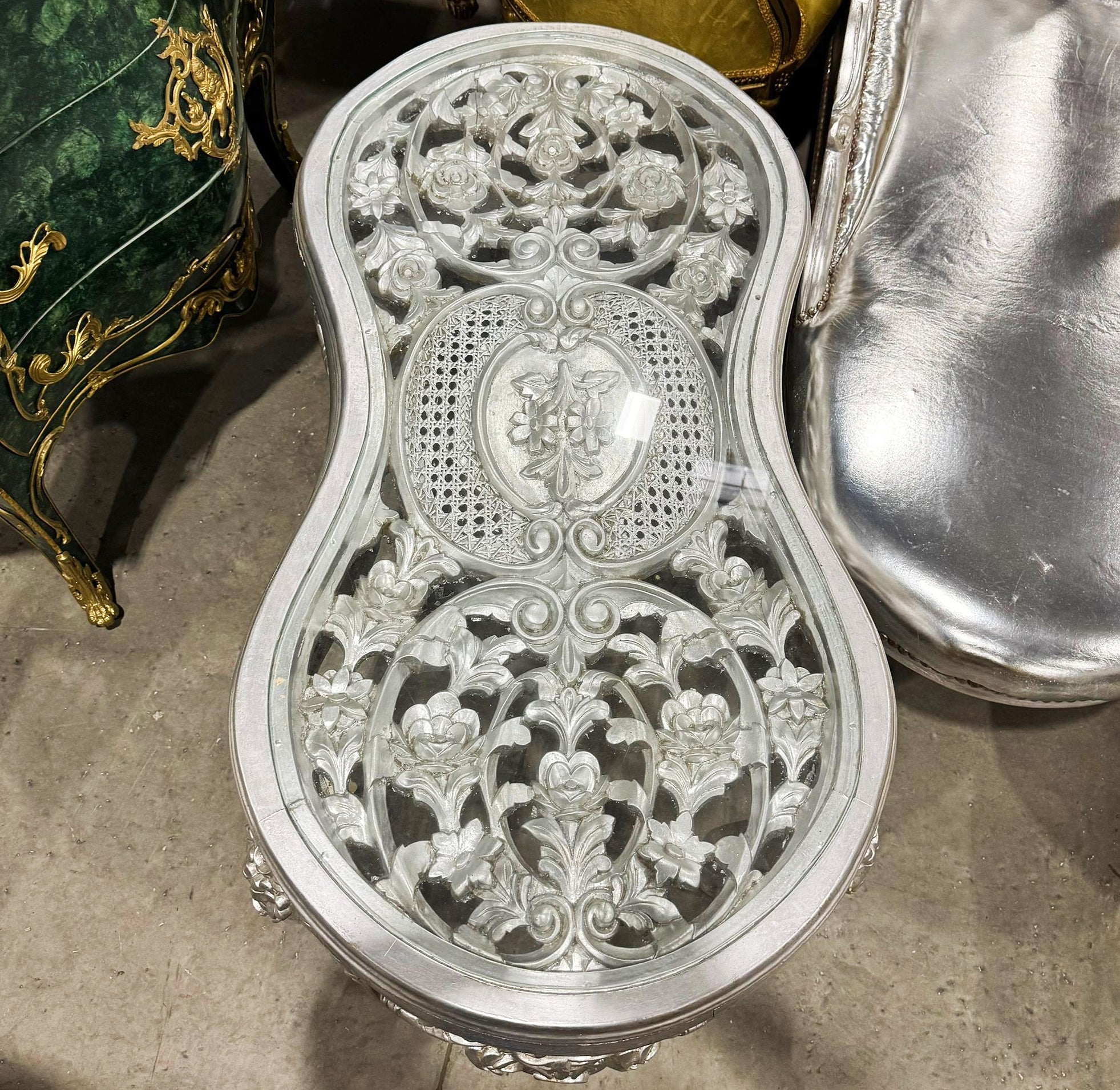 French Style Silver Coffee Table Glass Topped Silver Leaf Details