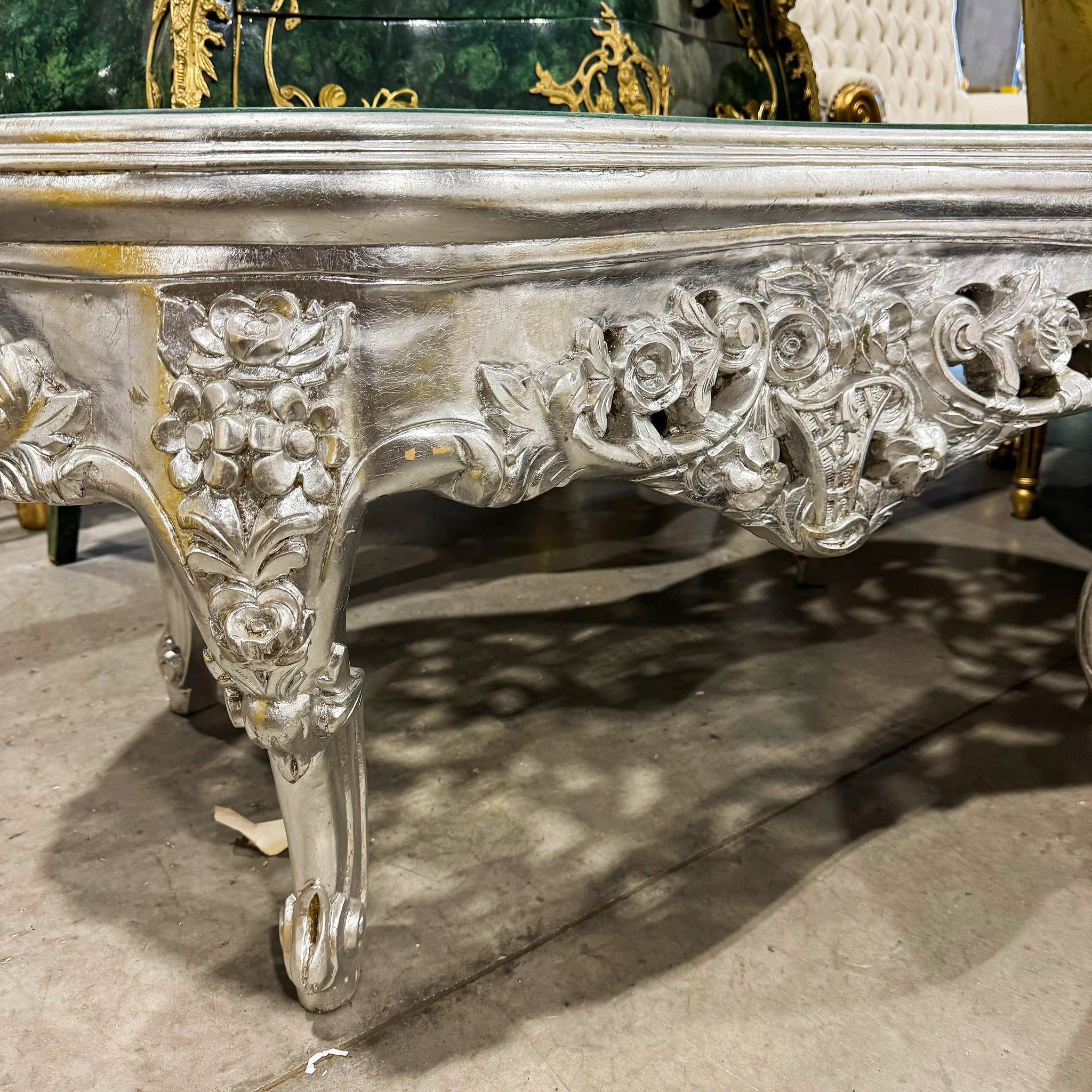 French Style Silver Coffee Table Glass Topped Silver Leaf Details