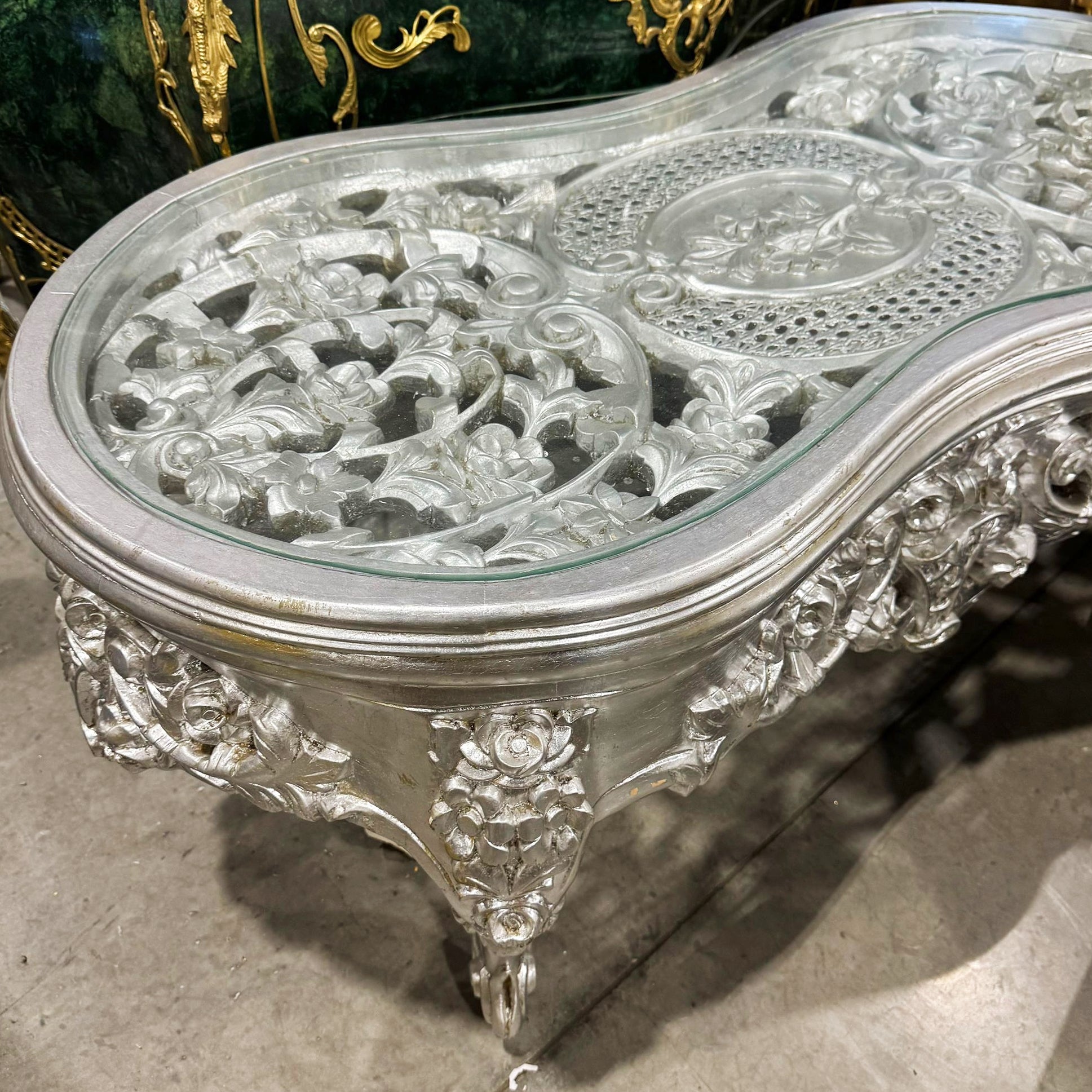French Style Silver Coffee Table Glass Topped Silver Leaf Details