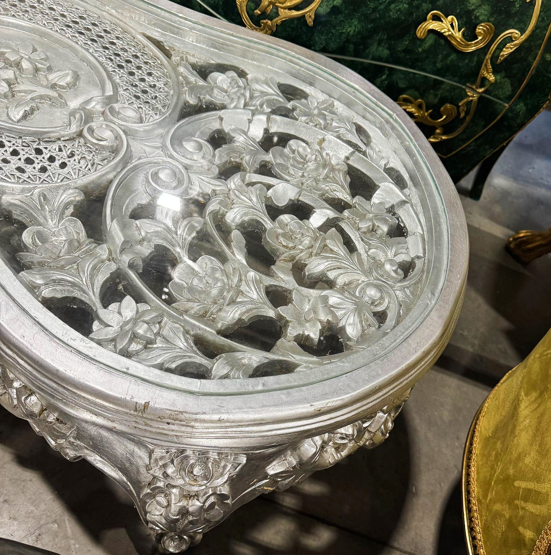 French Style Silver Coffee Table Glass Topped Silver Leaf Details