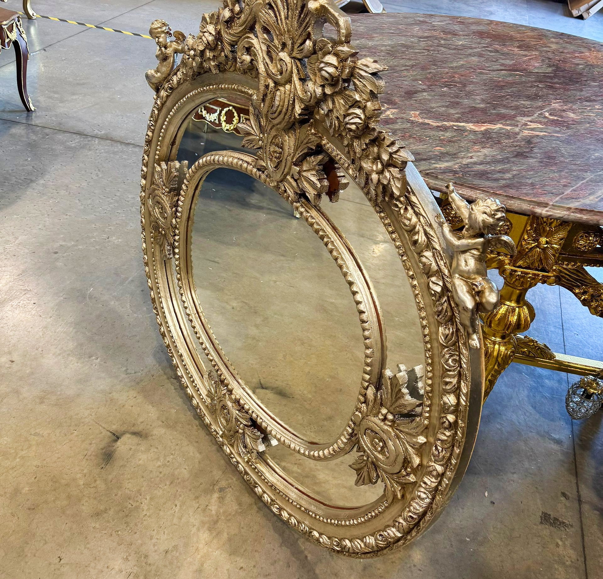 Silver Oval Mirror Wall Mirror French-Italian Style in Silver Leaf