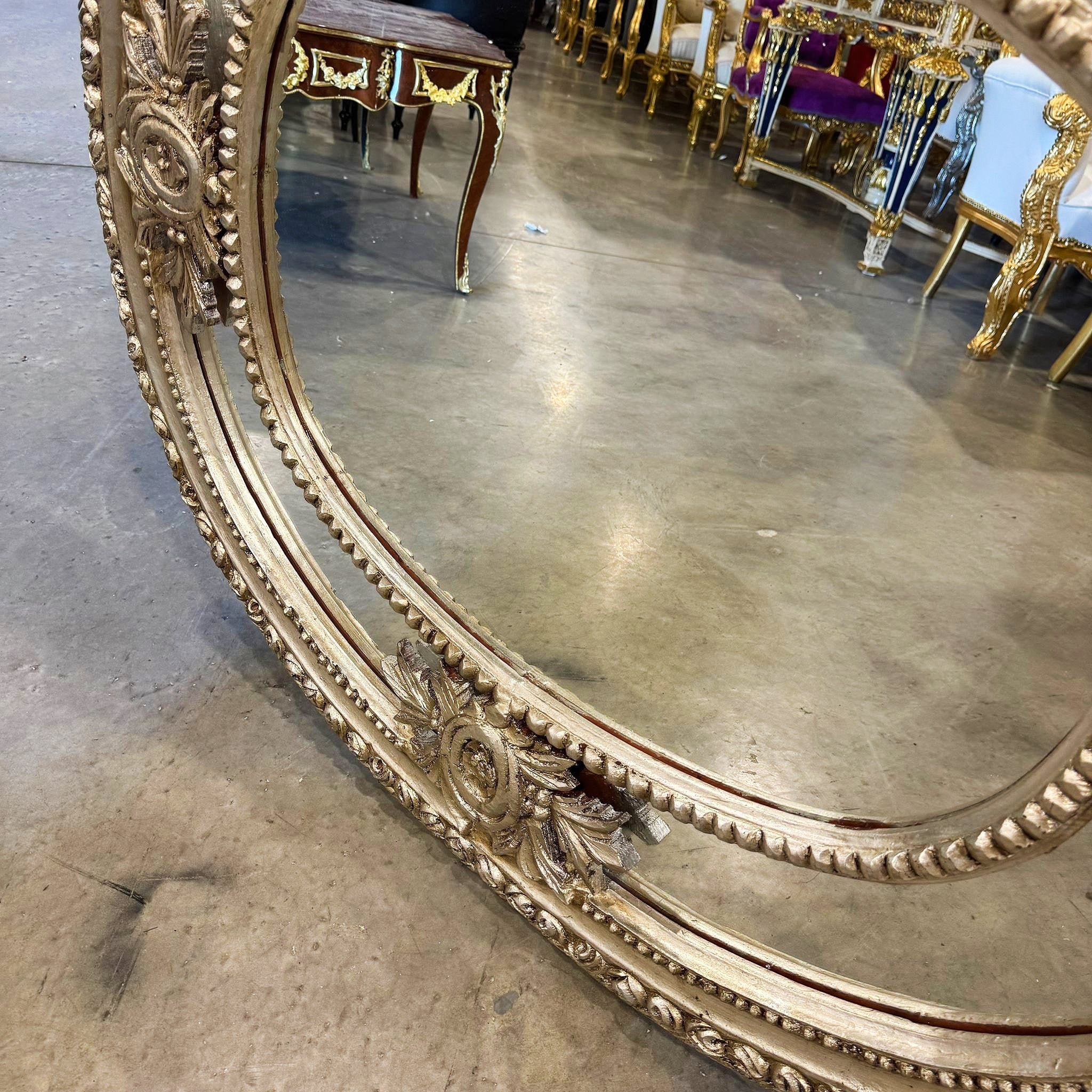 Silver Oval Mirror Wall Mirror French-Italian Style in Silver Leaf