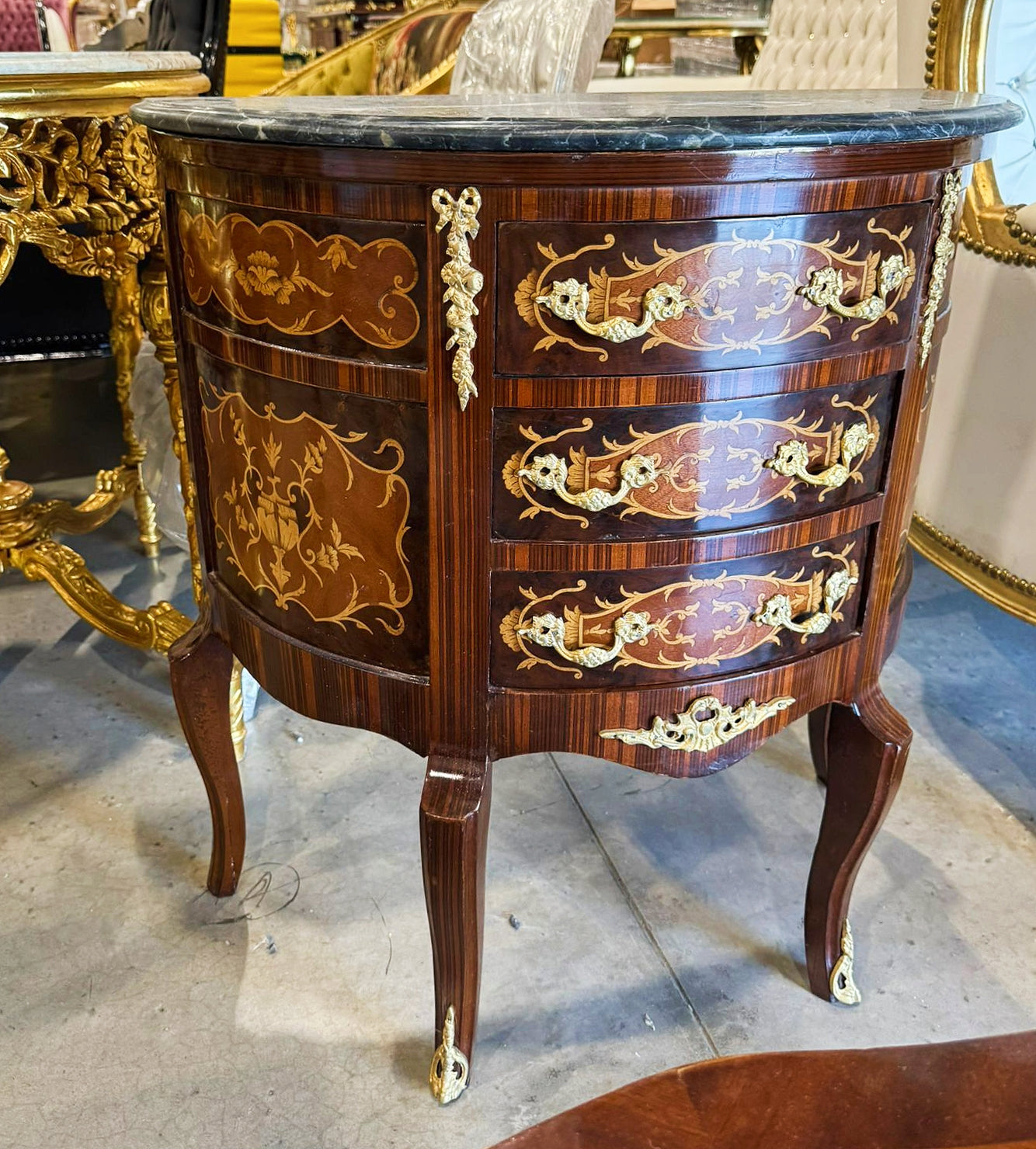 Bedside Table Louis XV Style Marquetry French Side Table with 3 Drawers