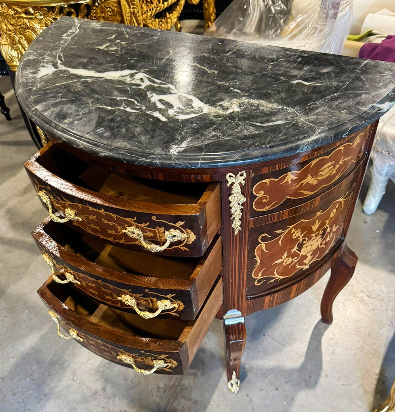 Bedside Table Louis XV Style Marquetry French Side Table with 3 Drawers