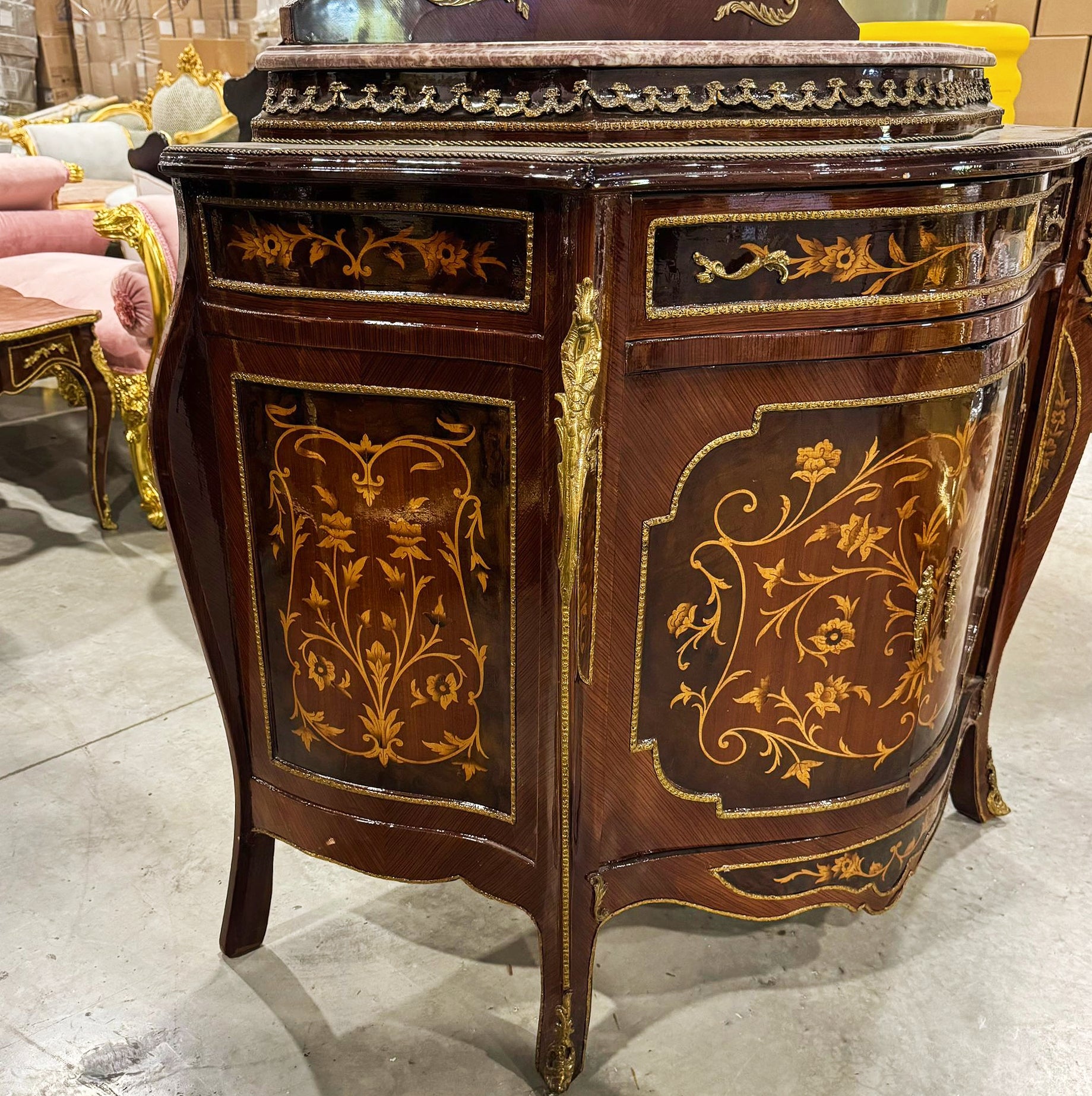 French Style Brown Cabinet Mirror Console Vitrine Gold Gabinet