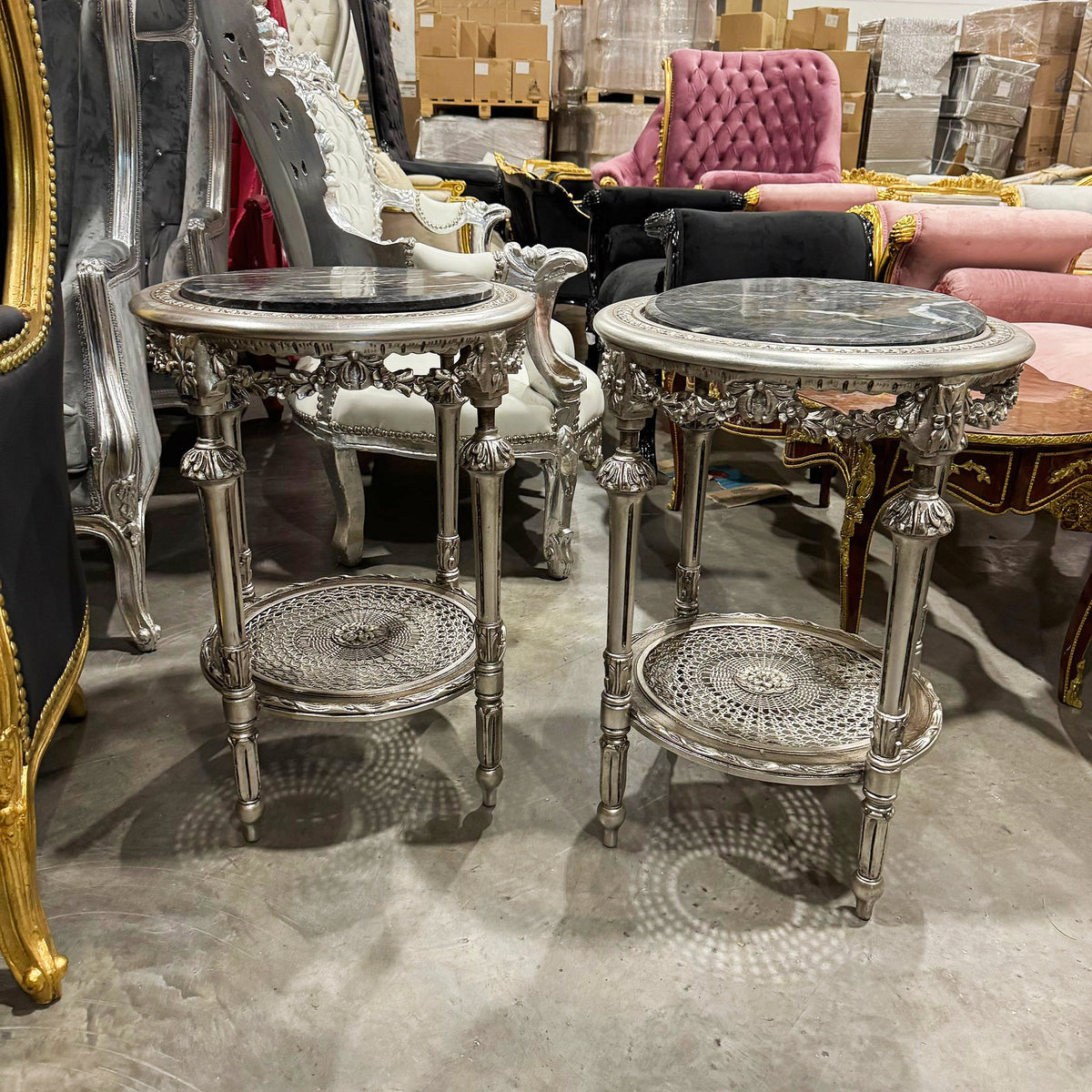 Silver Gilded Elegance – French Louis XVI Style Side Table with Black Marble Top & Ornate Filigree Shelf