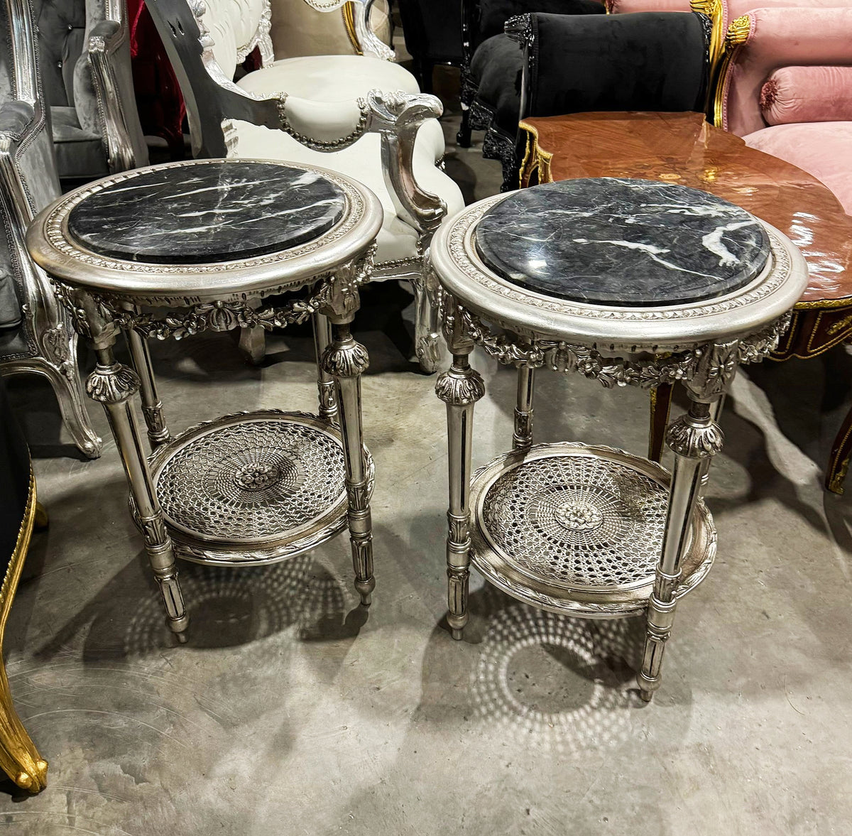 Silver Gilded Elegance – French Louis XVI Style Side Table with Black Marble Top & Ornate Filigree Shelf