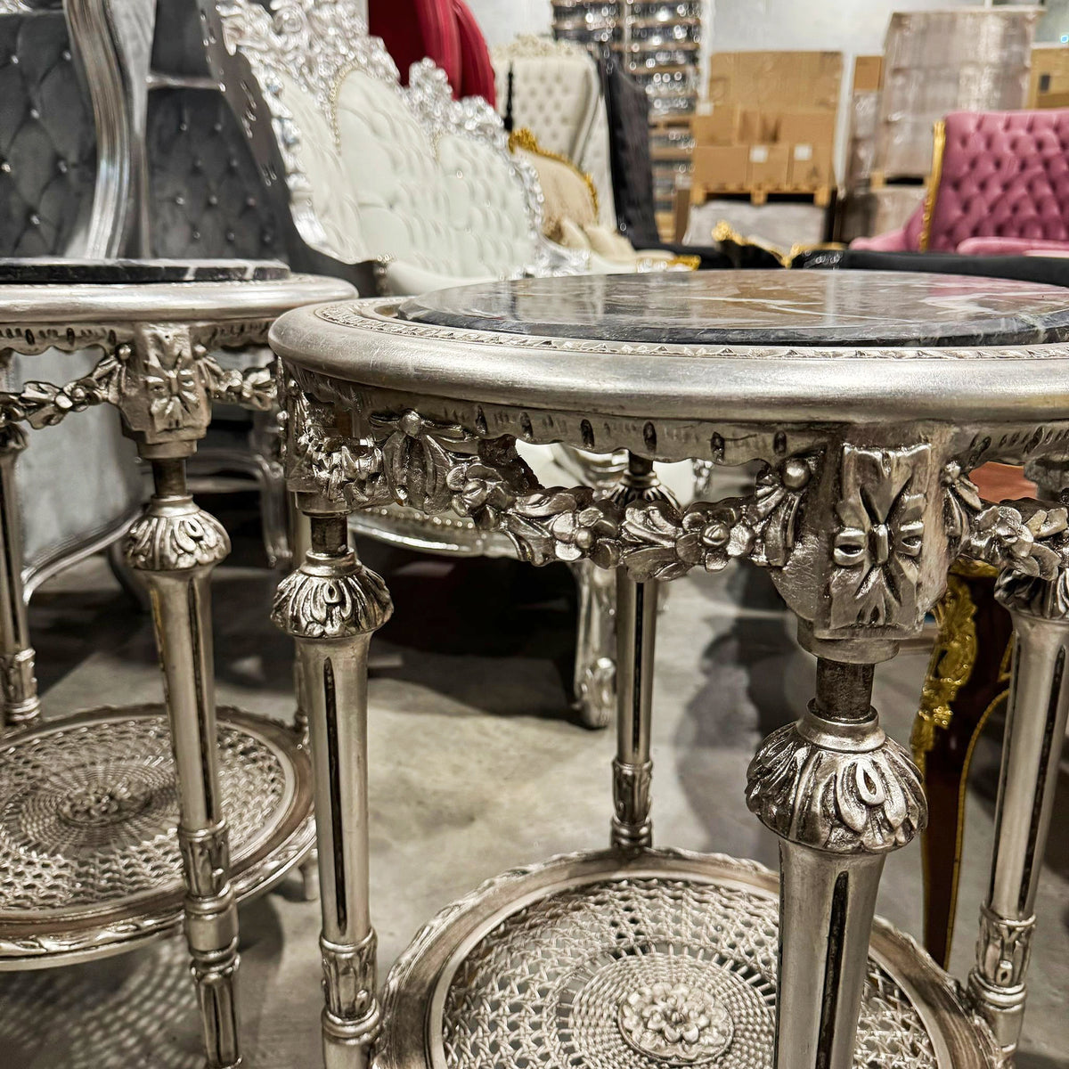 Silver Gilded Elegance – French Louis XVI Style Side Table with Black Marble Top & Ornate Filigree Shelf
