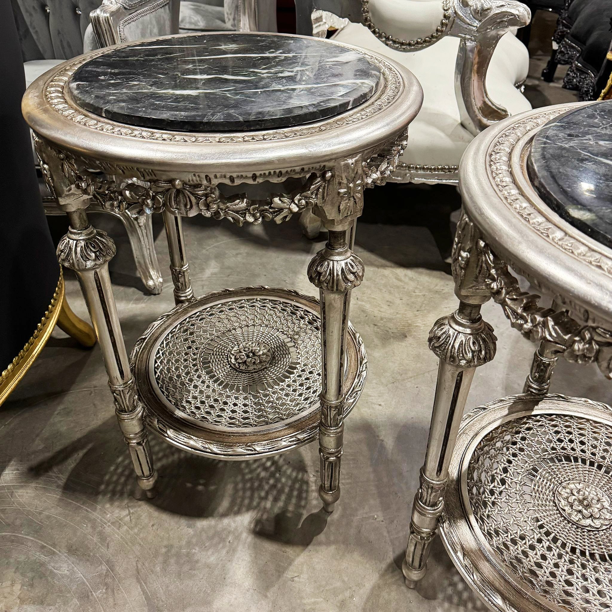 Small Side Table Black Marble Topped French Style Silver Leaf Details