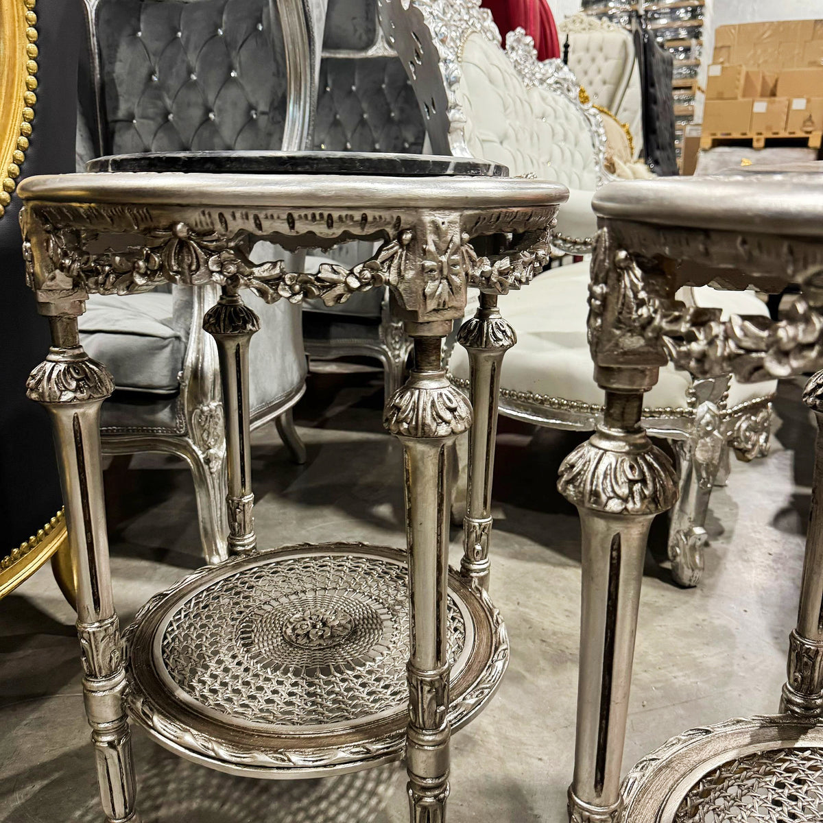 Silver Gilded Elegance – French Louis XVI Style Side Table with Black Marble Top & Ornate Filigree Shelf