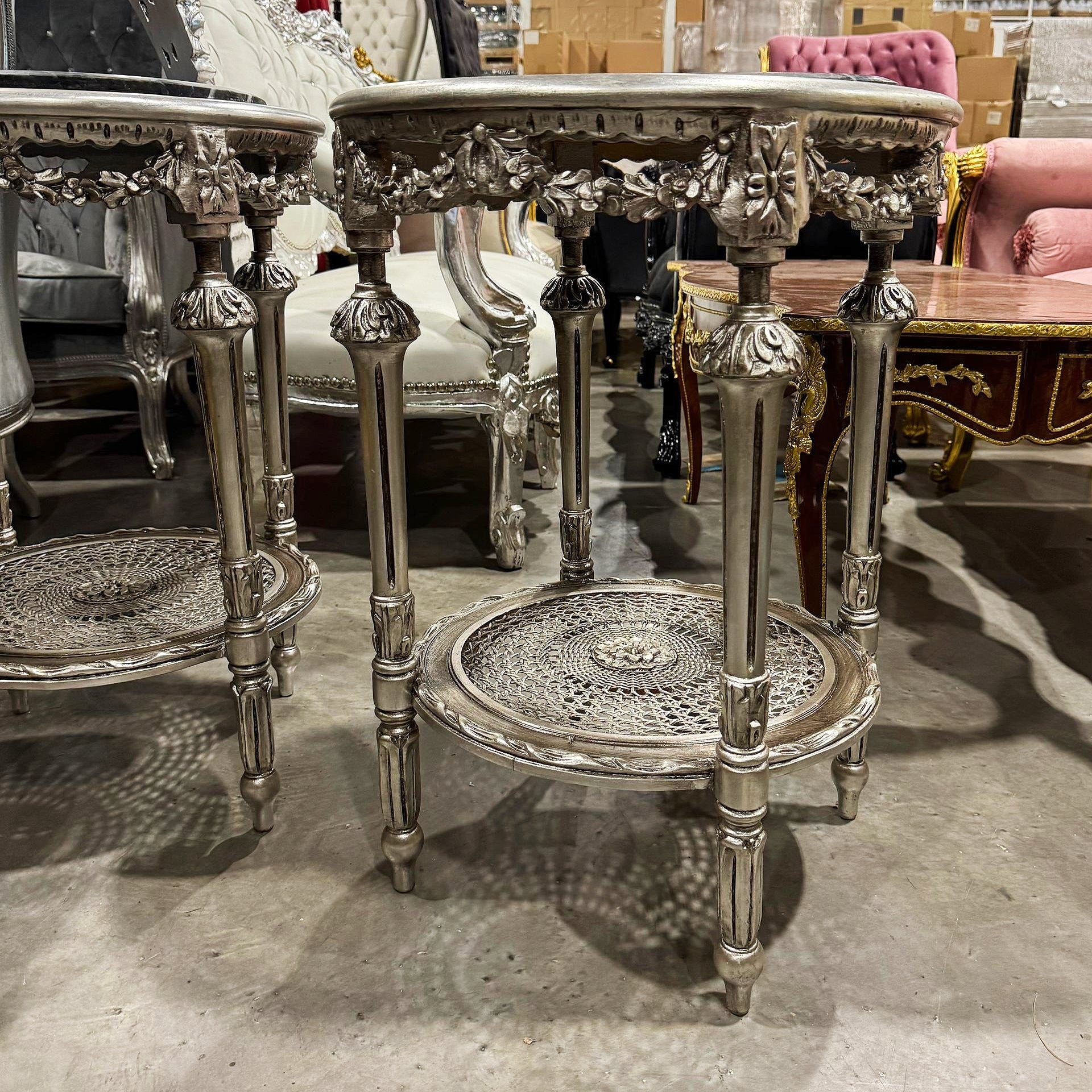 Small Side Table Black Marble Topped French Style Silver Leaf Details