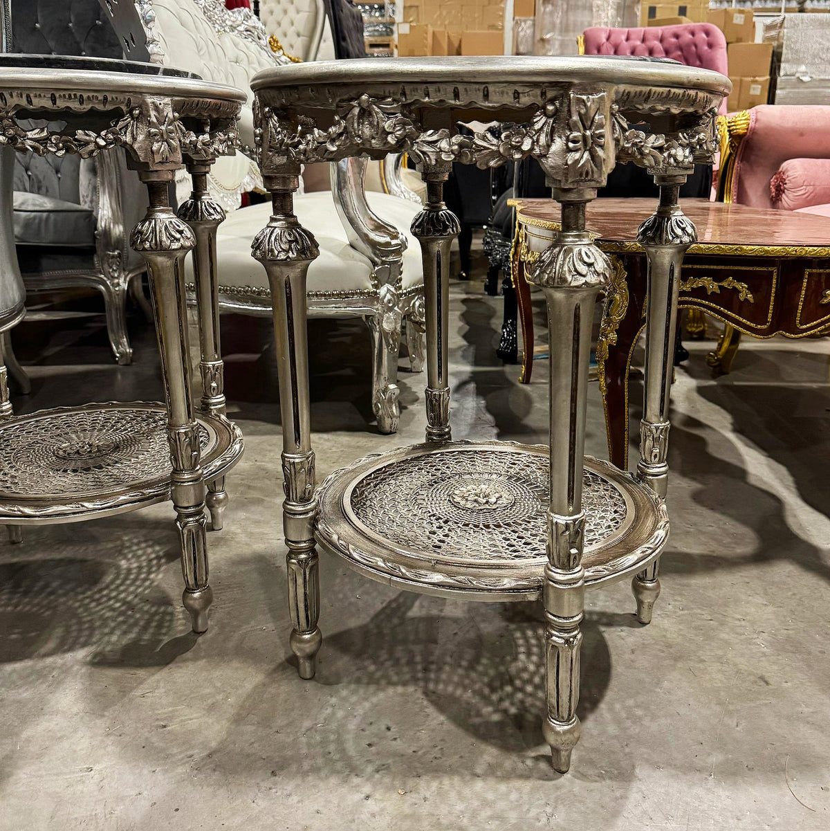 Silver Gilded Elegance – French Louis XVI Style Side Table with Black Marble Top & Ornate Filigree Shelf