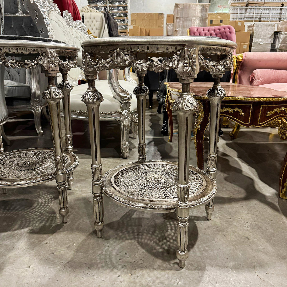 Silver Gilded Elegance – French Louis XVI Style Side Table with Black Marble Top & Ornate Filigree Shelf