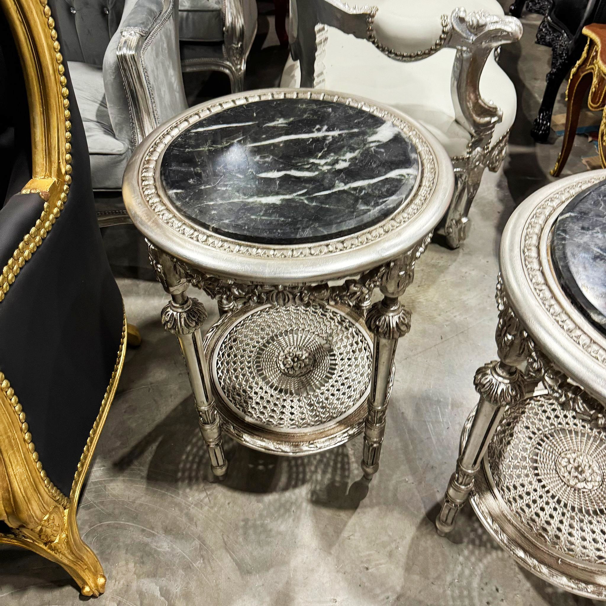 Small Side Table Black Marble Topped French Style Silver Leaf Details