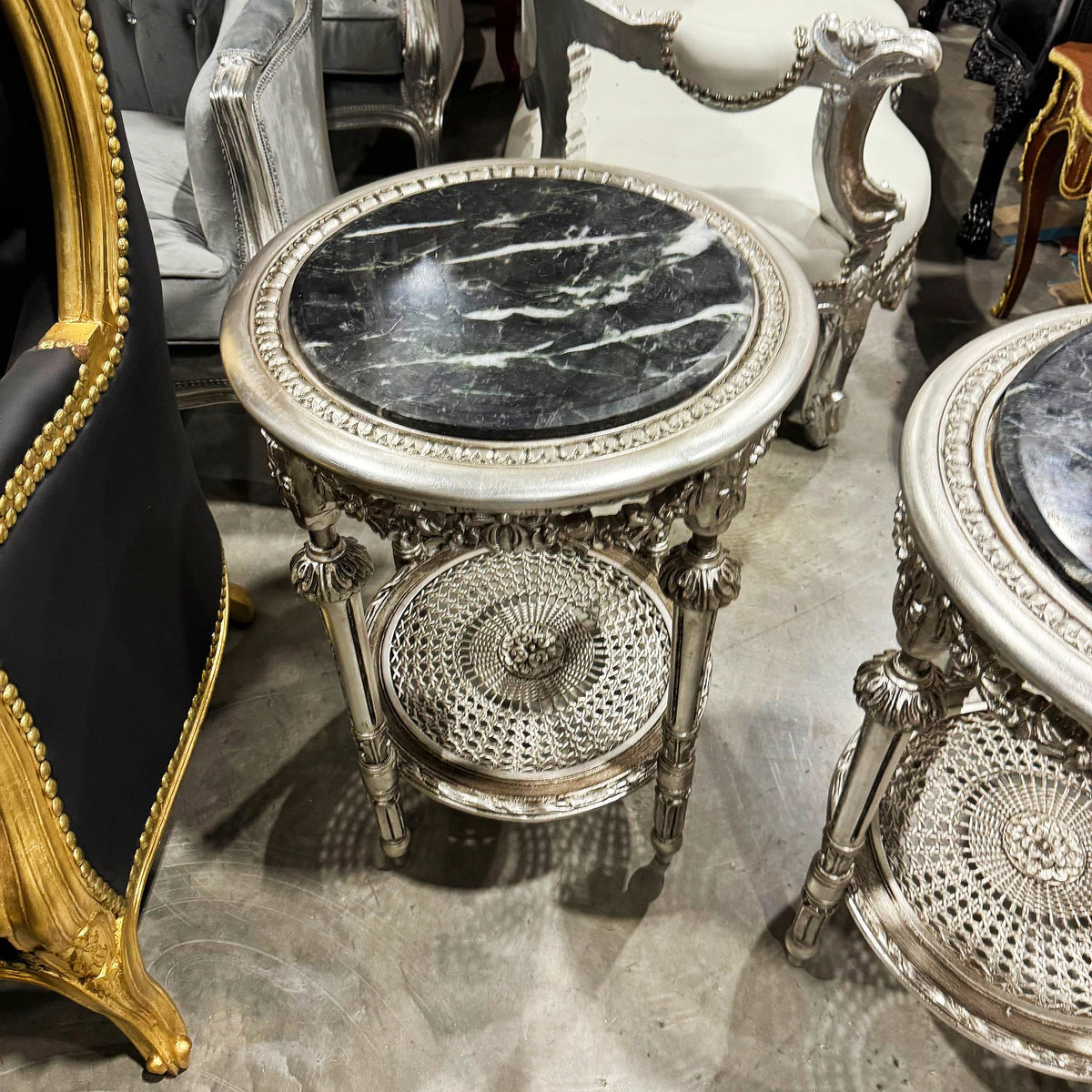 Silver Gilded Elegance – French Louis XVI Style Side Table with Black Marble Top & Ornate Filigree Shelf