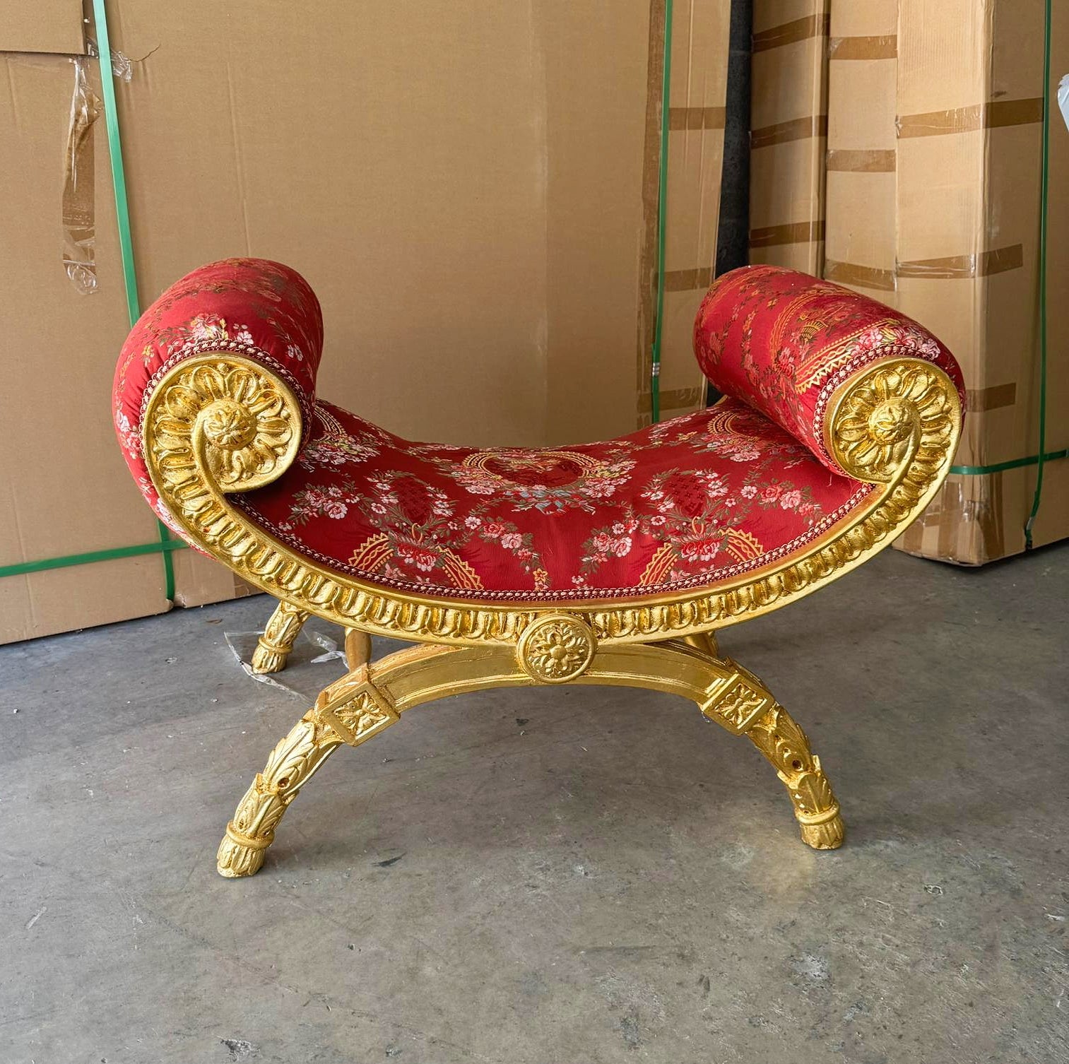 Red Small Bench French Style With Gold Details Rococo Baroque Furniture
