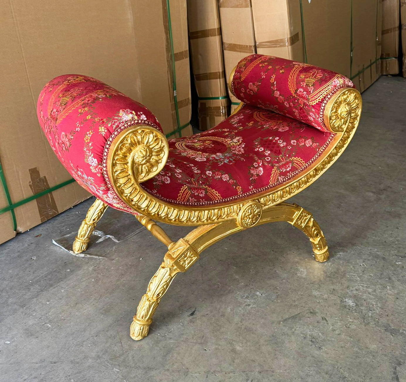 Red Small Bench French Style With Gold Details Rococo Baroque Furniture