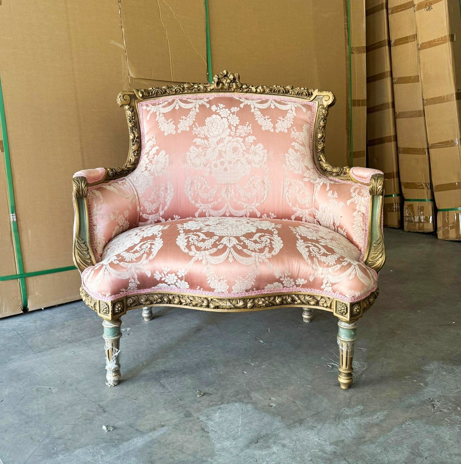 Luxury Italian Wing Chair – Pink Damask Upholstery & Gold Leaf Trim