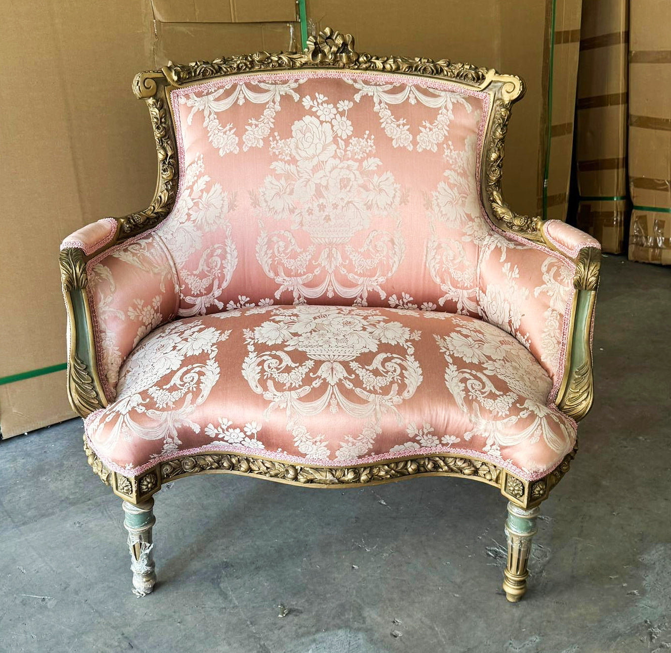 Luxury Italian Wing Chair – Pink Damask Upholstery & Gold Leaf Trim
