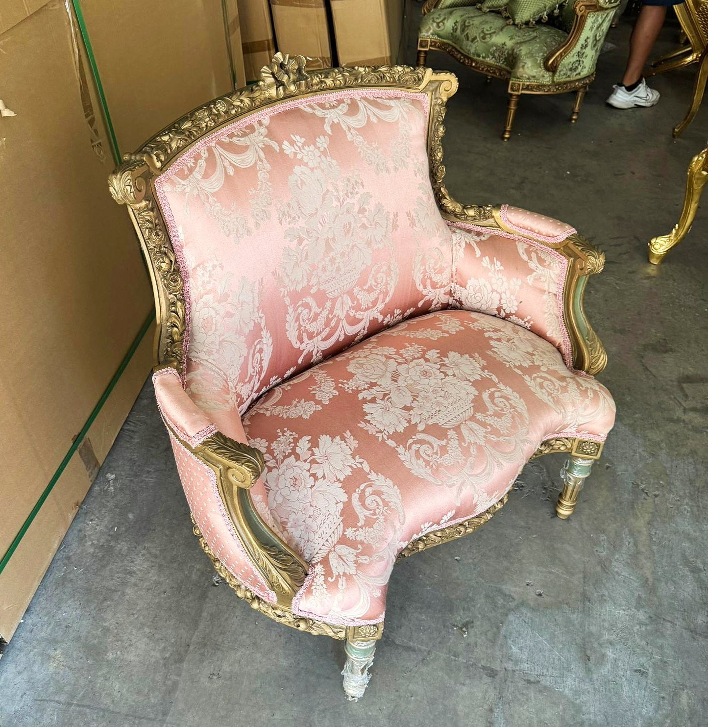 Luxury Italian Wing Chair – Pink Damask Upholstery & Gold Leaf Trim
