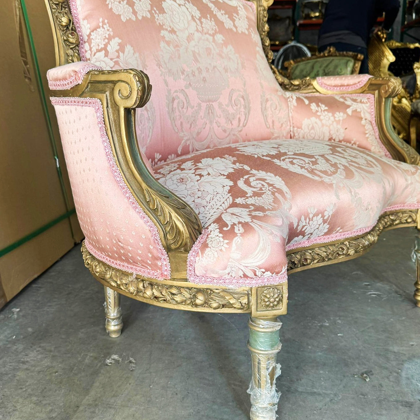 Luxury Italian Wing Chair – Pink Damask Upholstery & Gold Leaf Trim