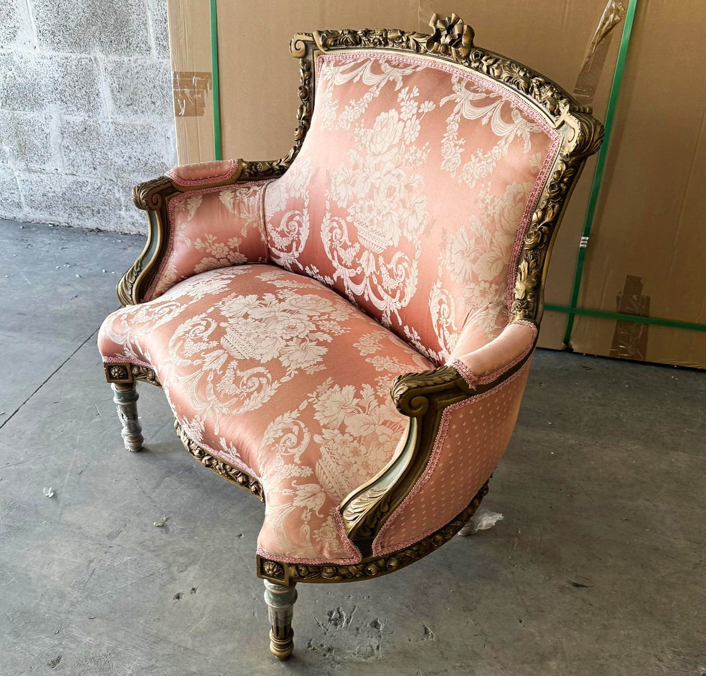 Luxury Italian Wing Chair – Pink Damask Upholstery & Gold Leaf Trim