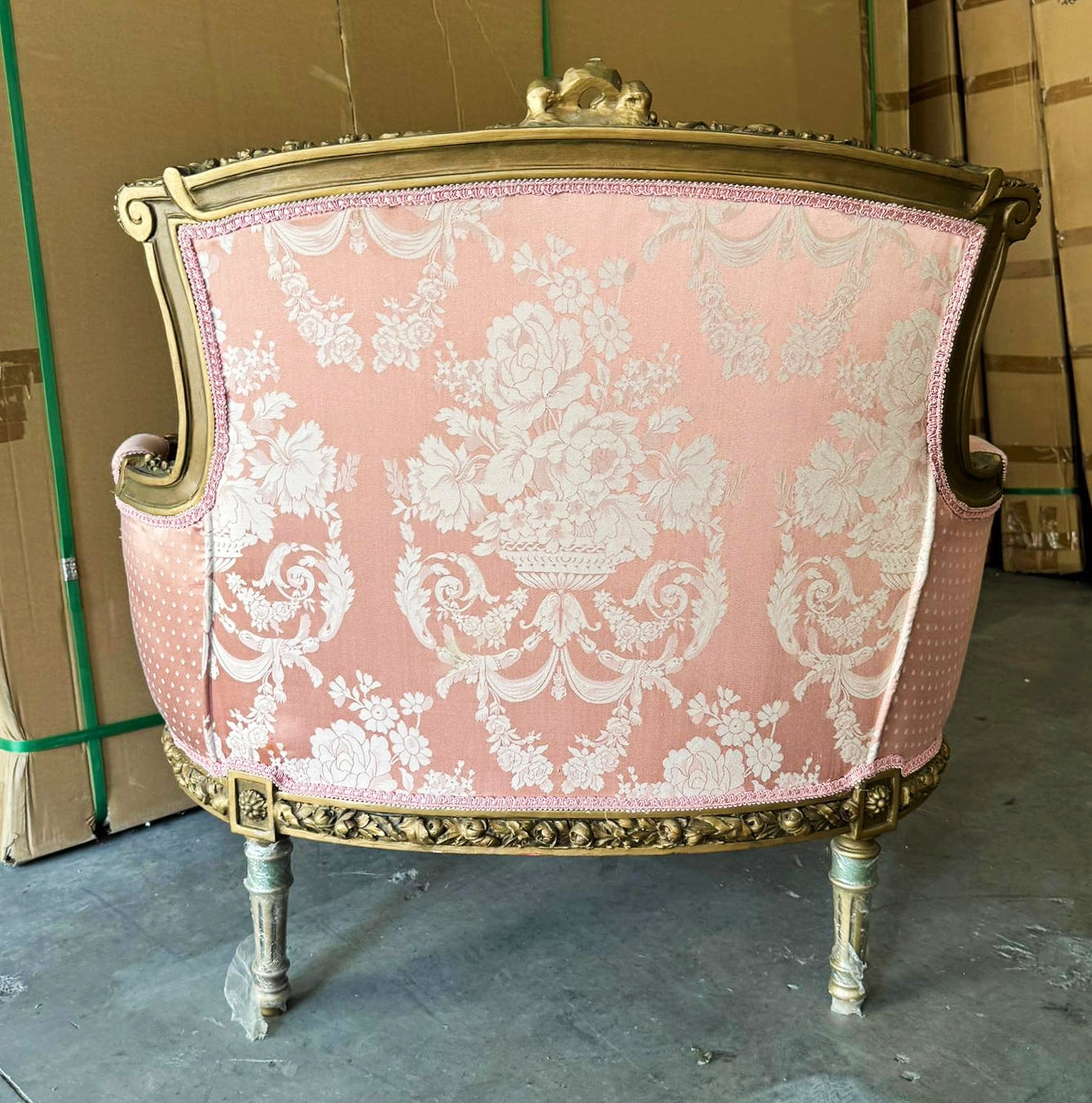 Luxury Italian Wing Chair – Pink Damask Upholstery & Gold Leaf Trim